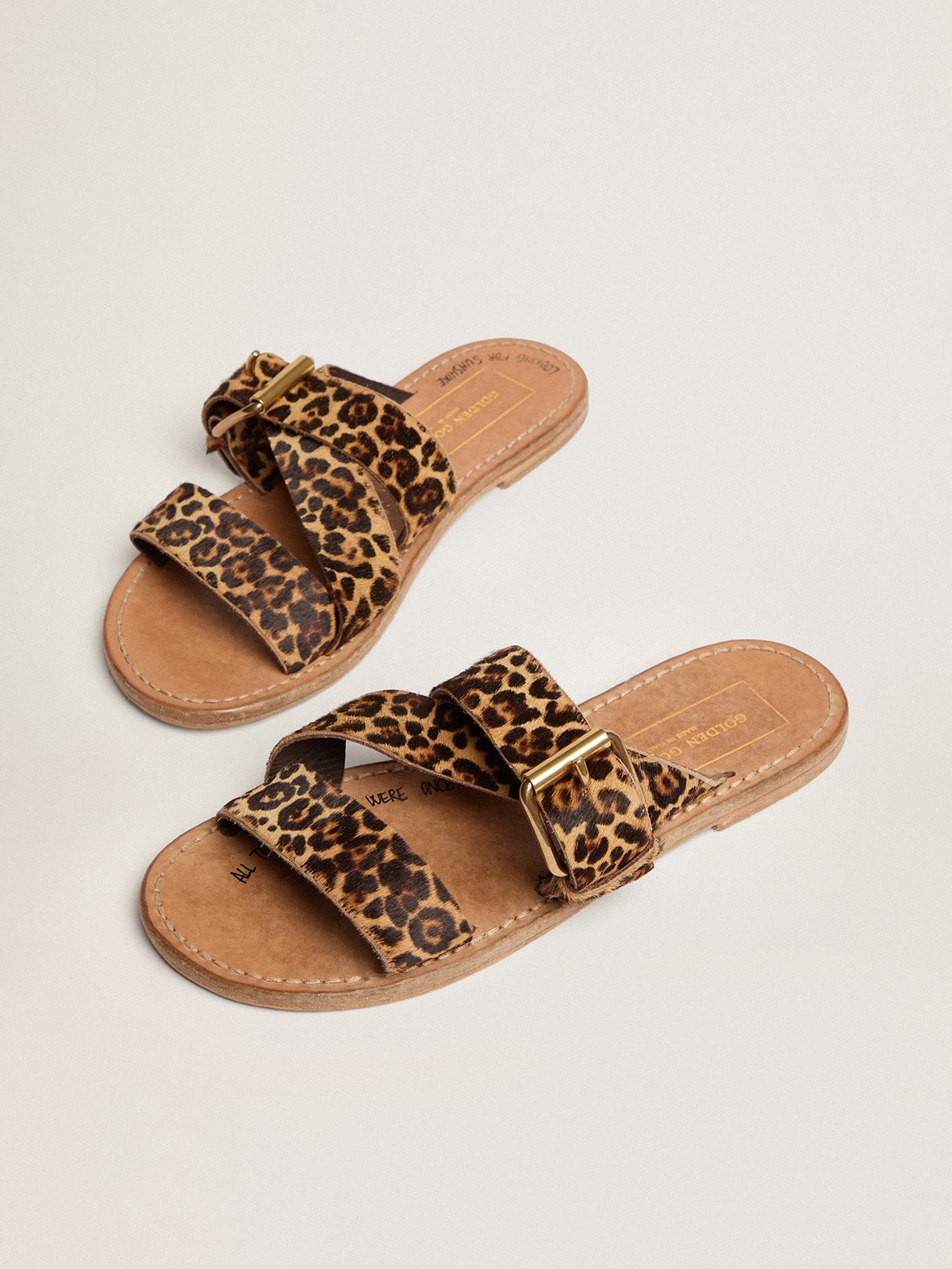 Women's Margaret flat sandals in leopard-print pony skin