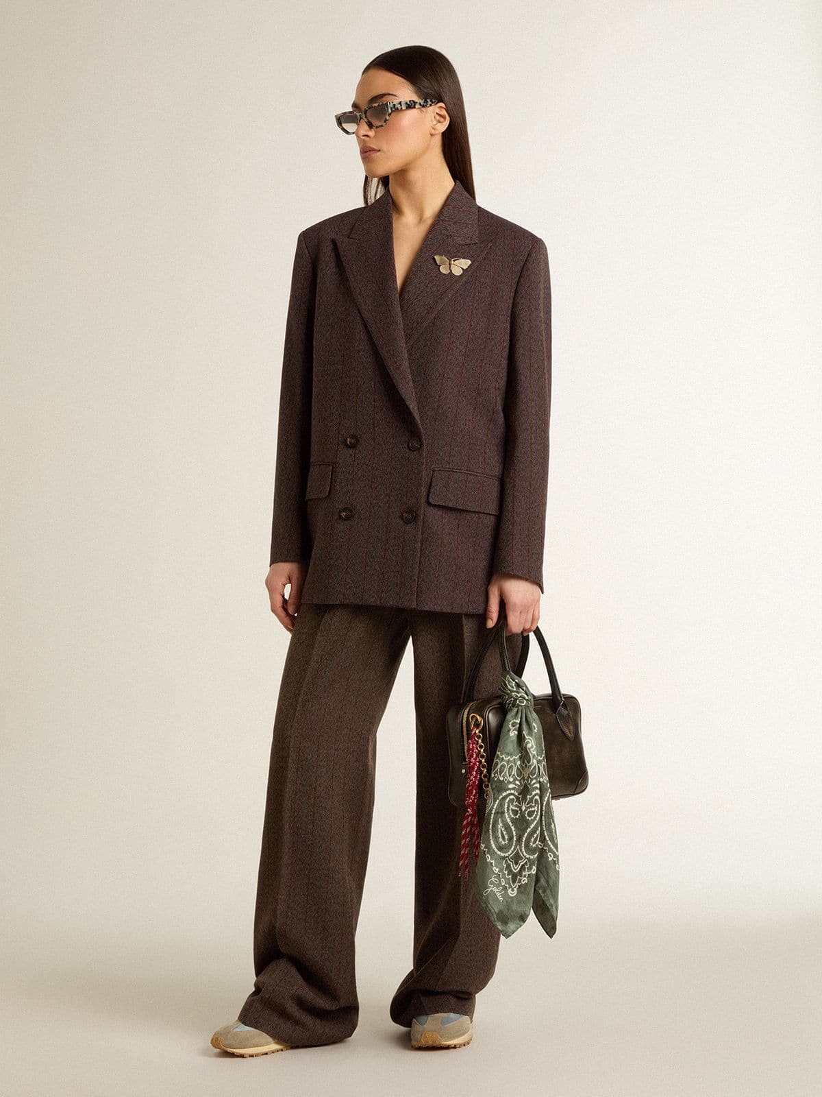 Women's double-breasted blazer in dark brown wool with thin stripe pattern