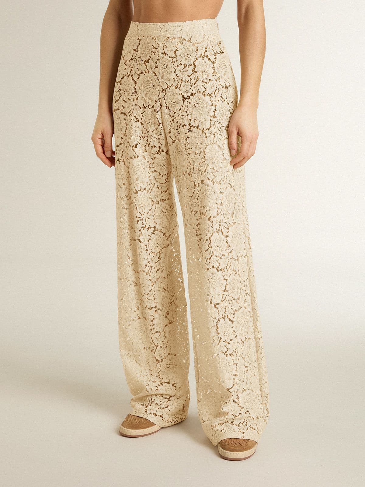 Women's cream-colored see-through lace pants