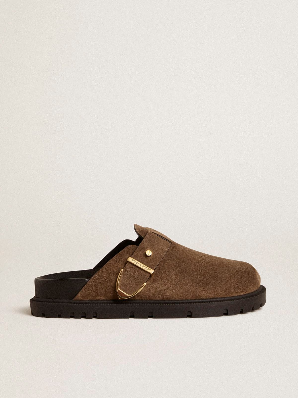 Women's Lucy Sabot in dove-gray suede with gold metal buckle