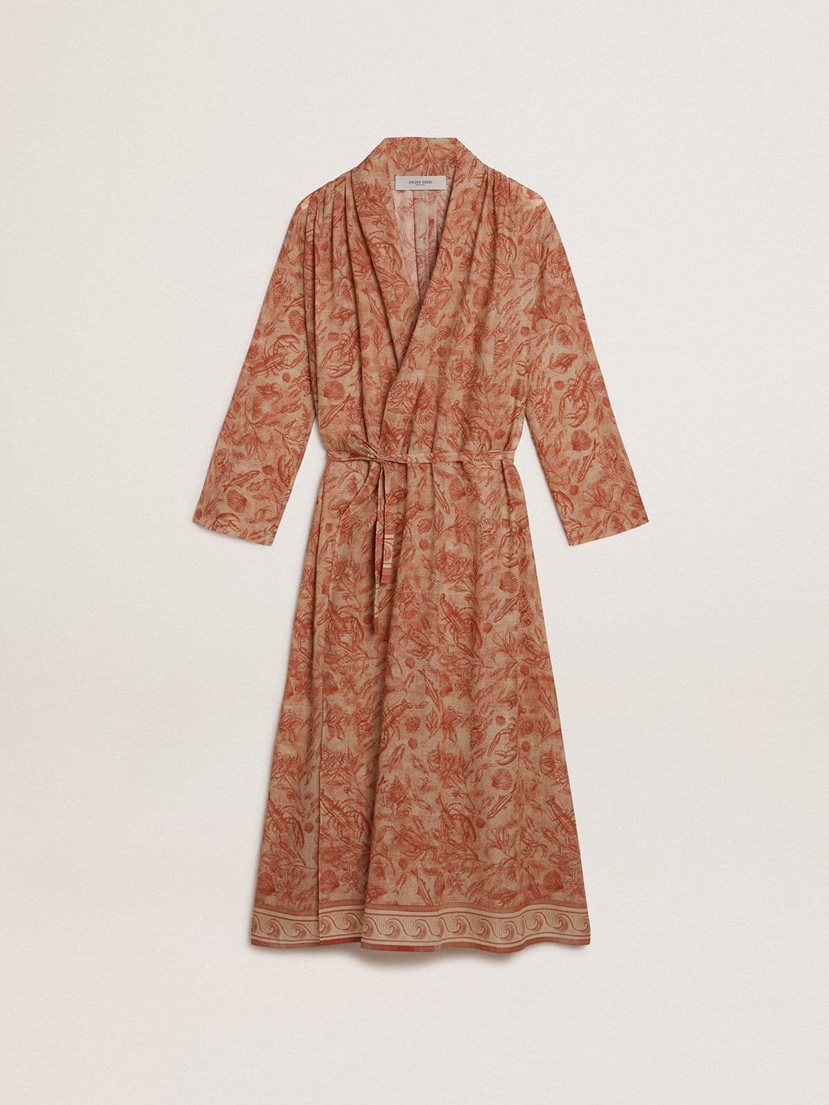 Women's kaftan in cotton voile with all-over brick-red marine print