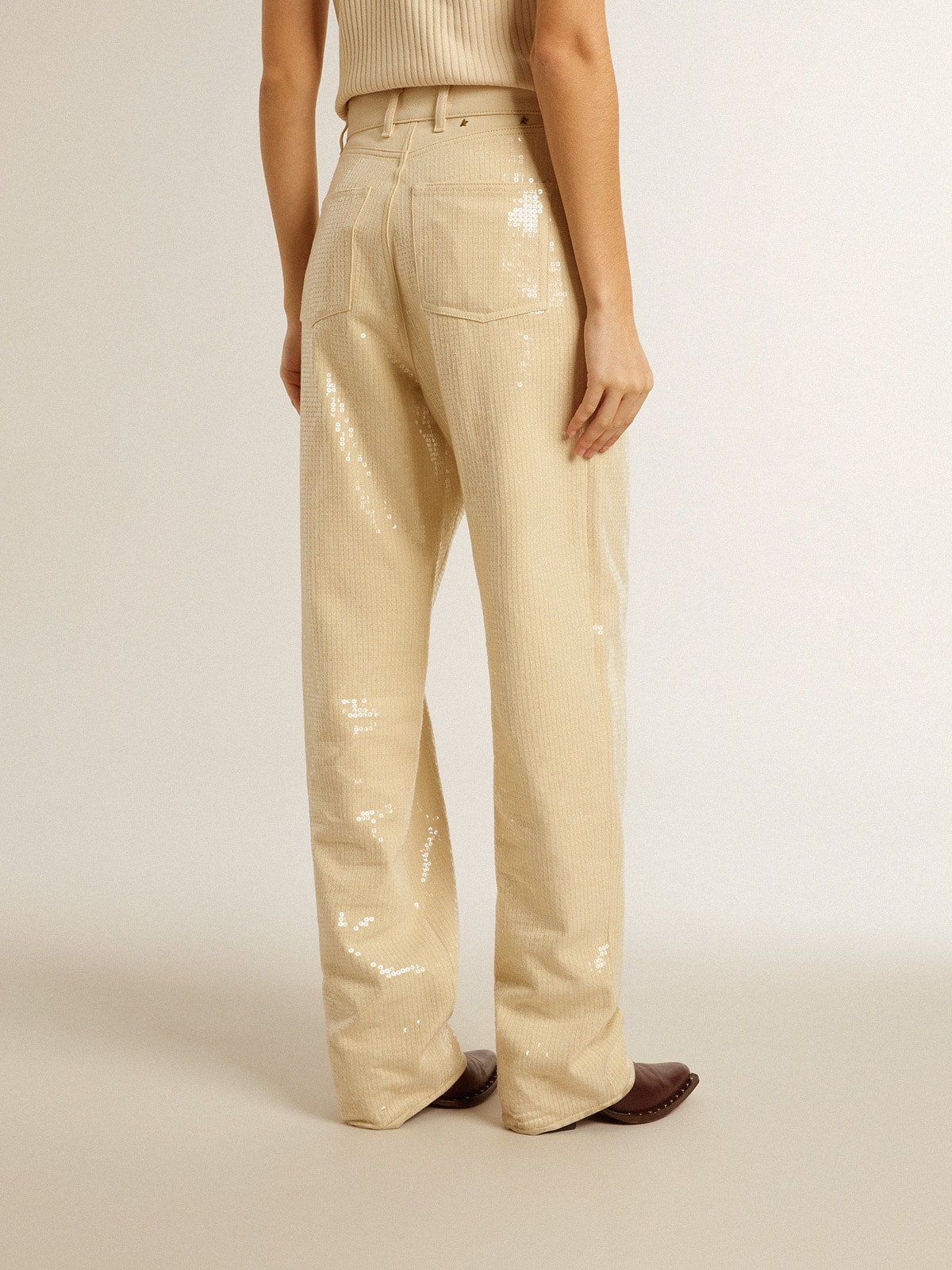 Ecru pants with transparent all-over sequins