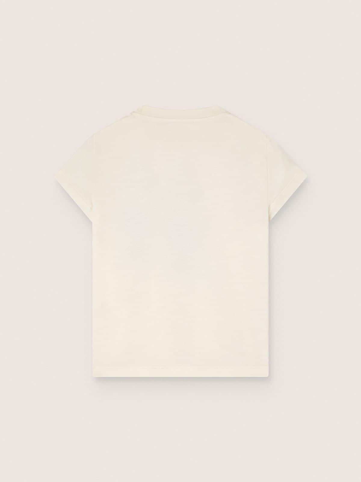 Journey T-shirt for girls in white cotton jersey with digital mascot print and crystal appliqués