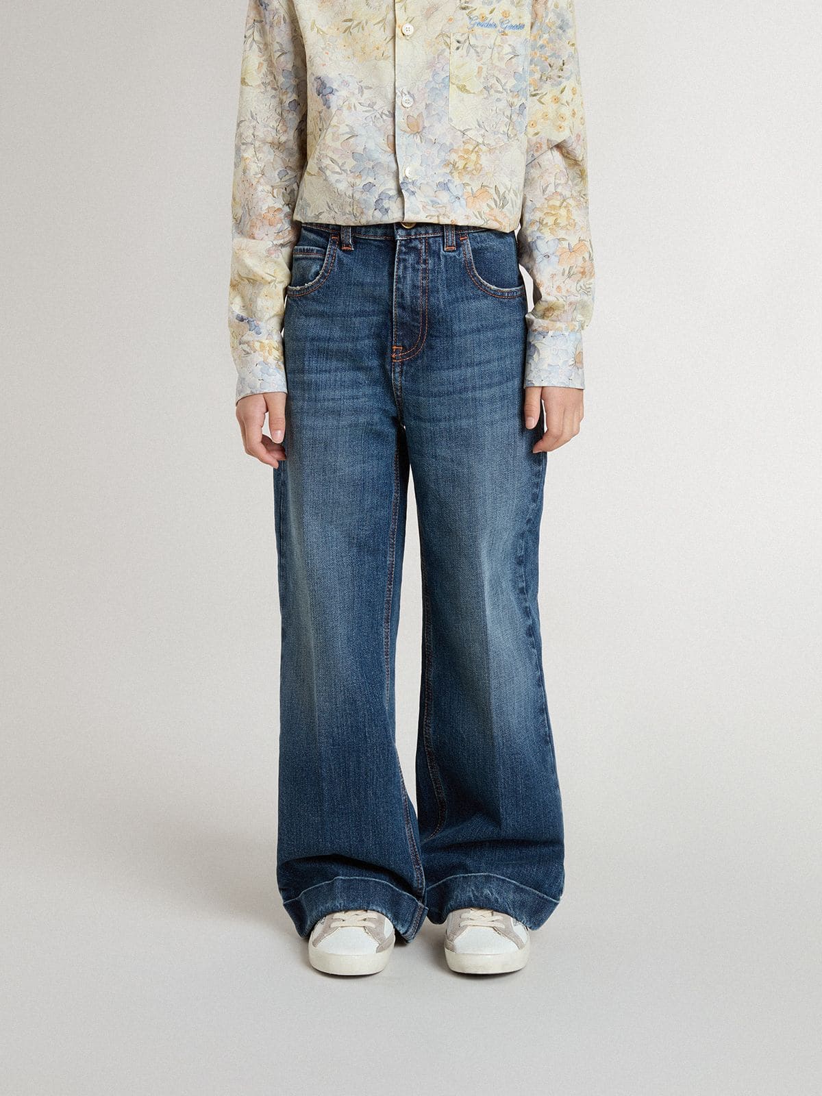 Girls' bootcut jeans with a medium wash and embroidery