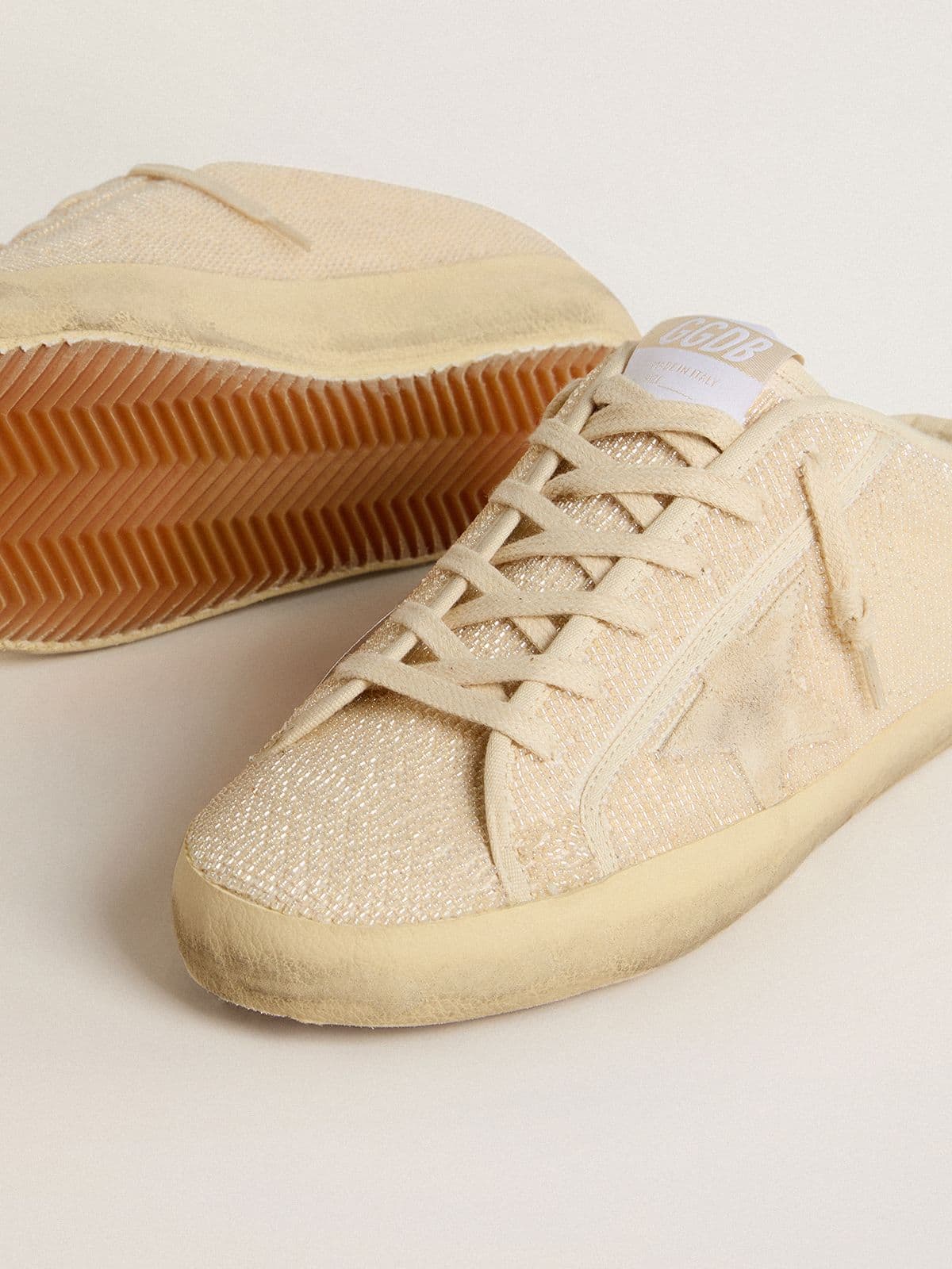 Women's Super-Star Sabot in beige canvas with embroidered beads and beige suede star