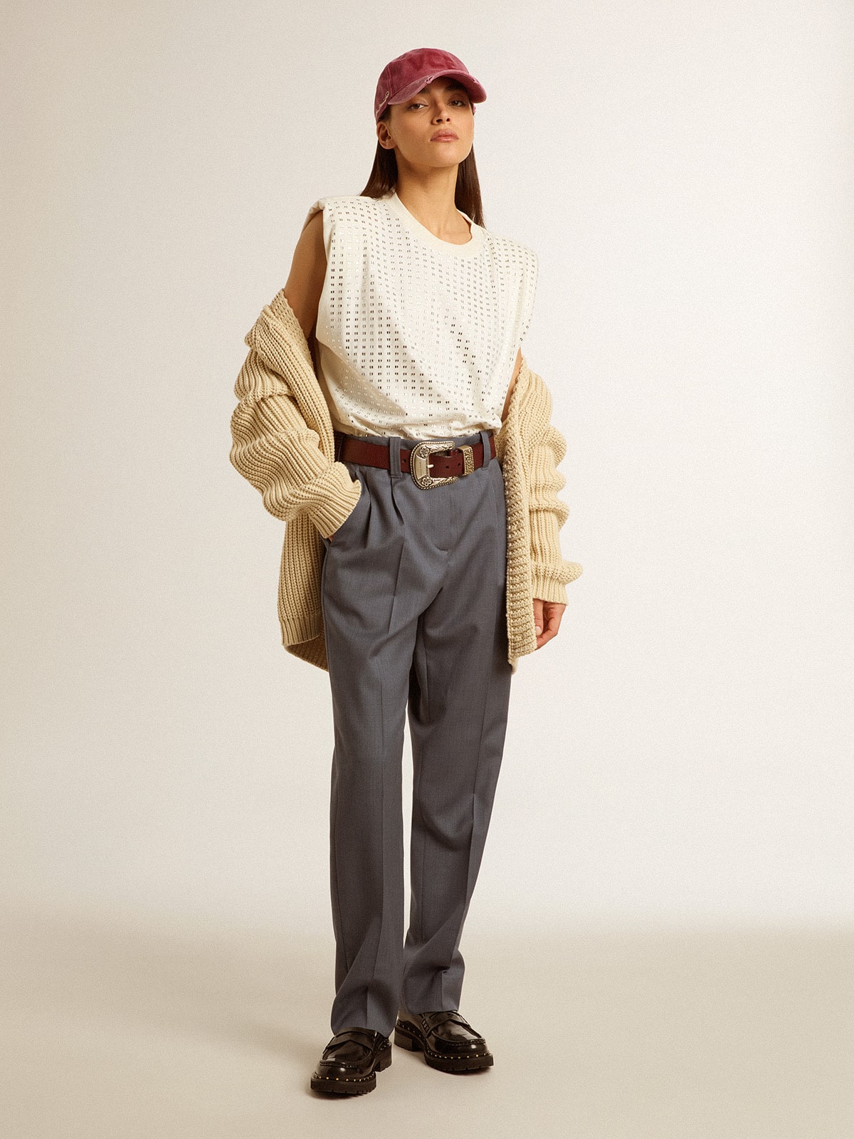 Aged white sleeveless T-shirt embellished with crystals