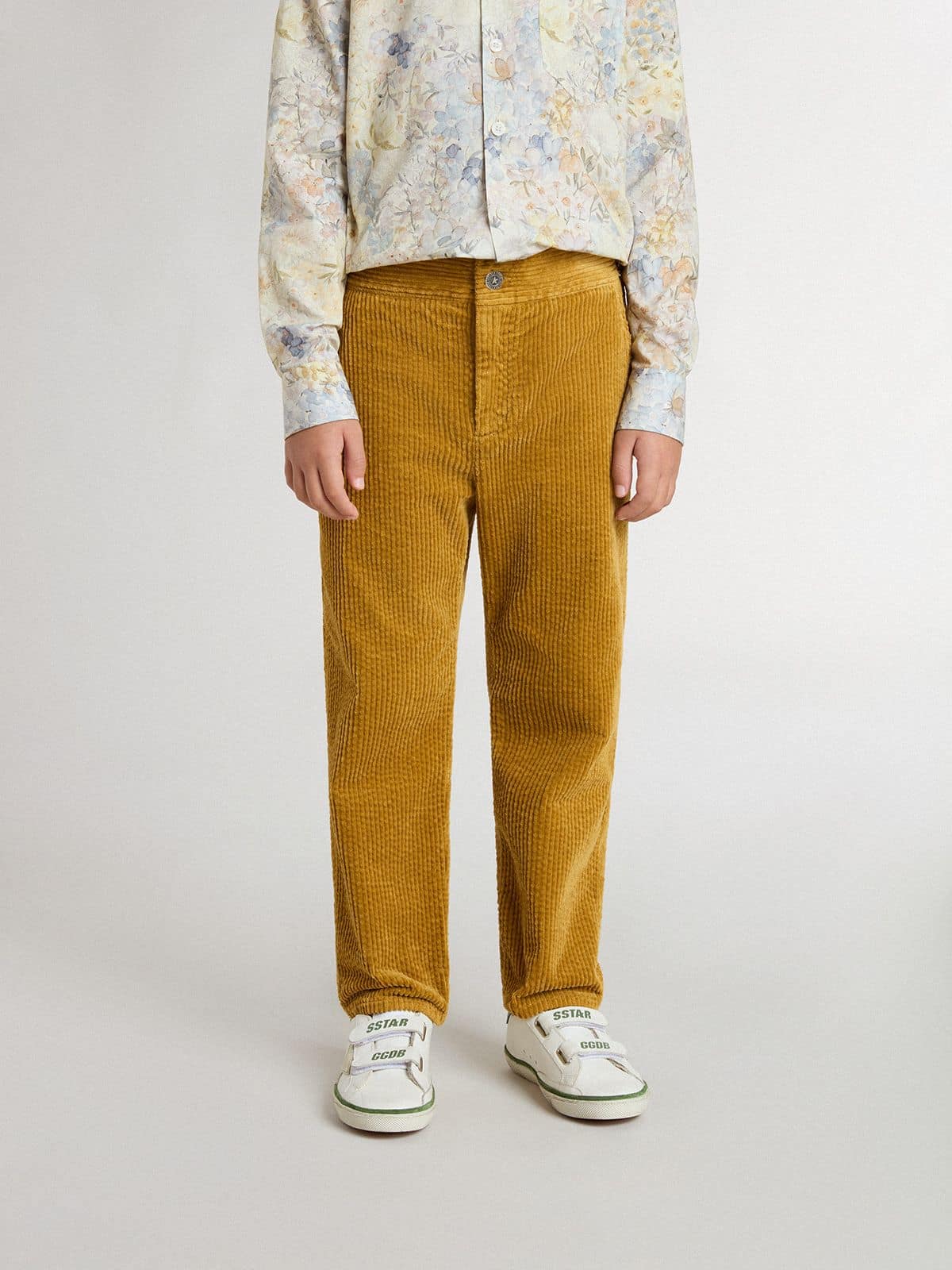 Boys' tobacco-colored chino pants with embroidery
