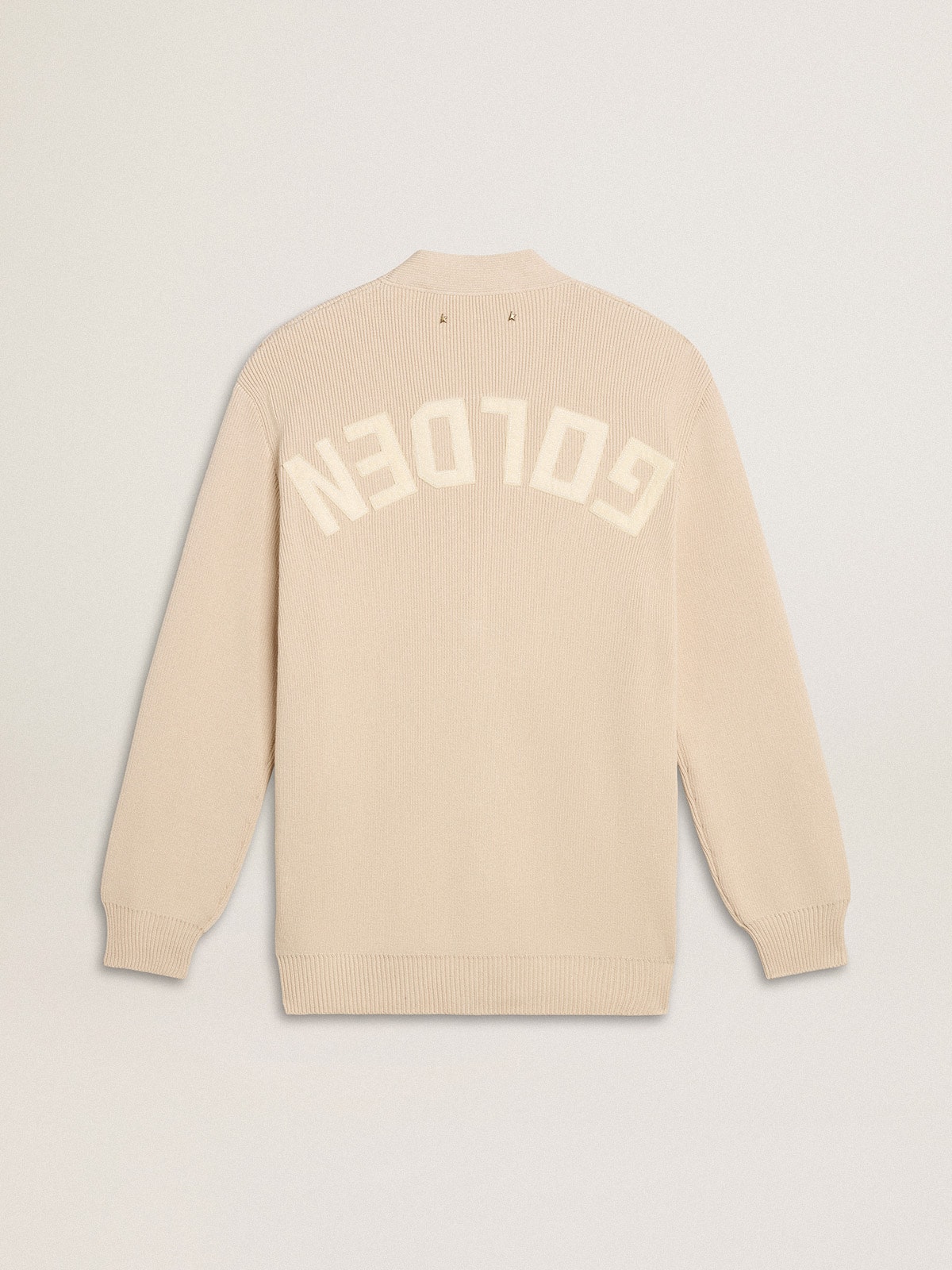 Women’s beige cardigan with 'Golden' lettering on the back