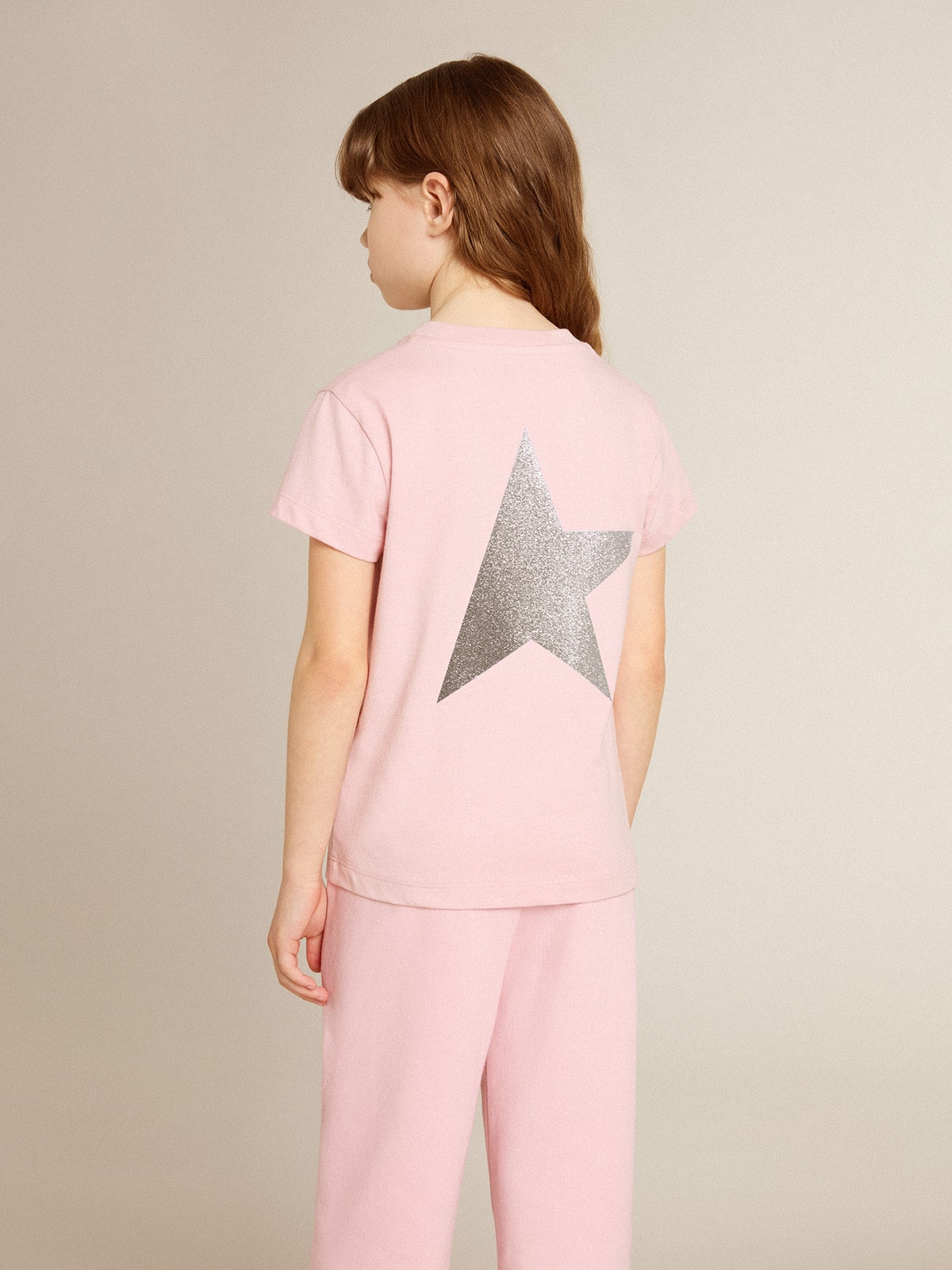 Girls' pink T-shirt with silver glitter logo and maxi star