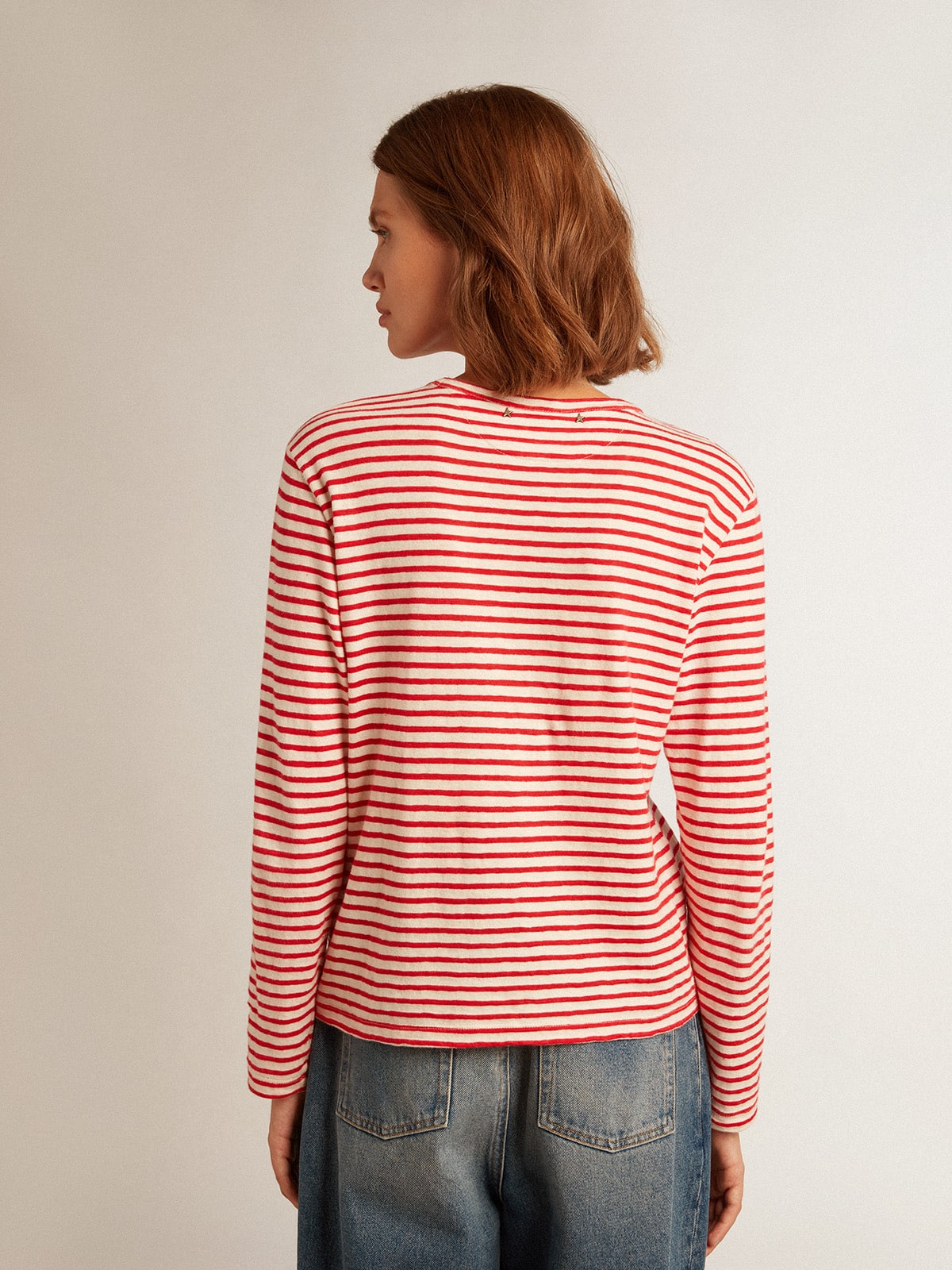 Women's T-shirt with white and red stripes and embroidery on the front