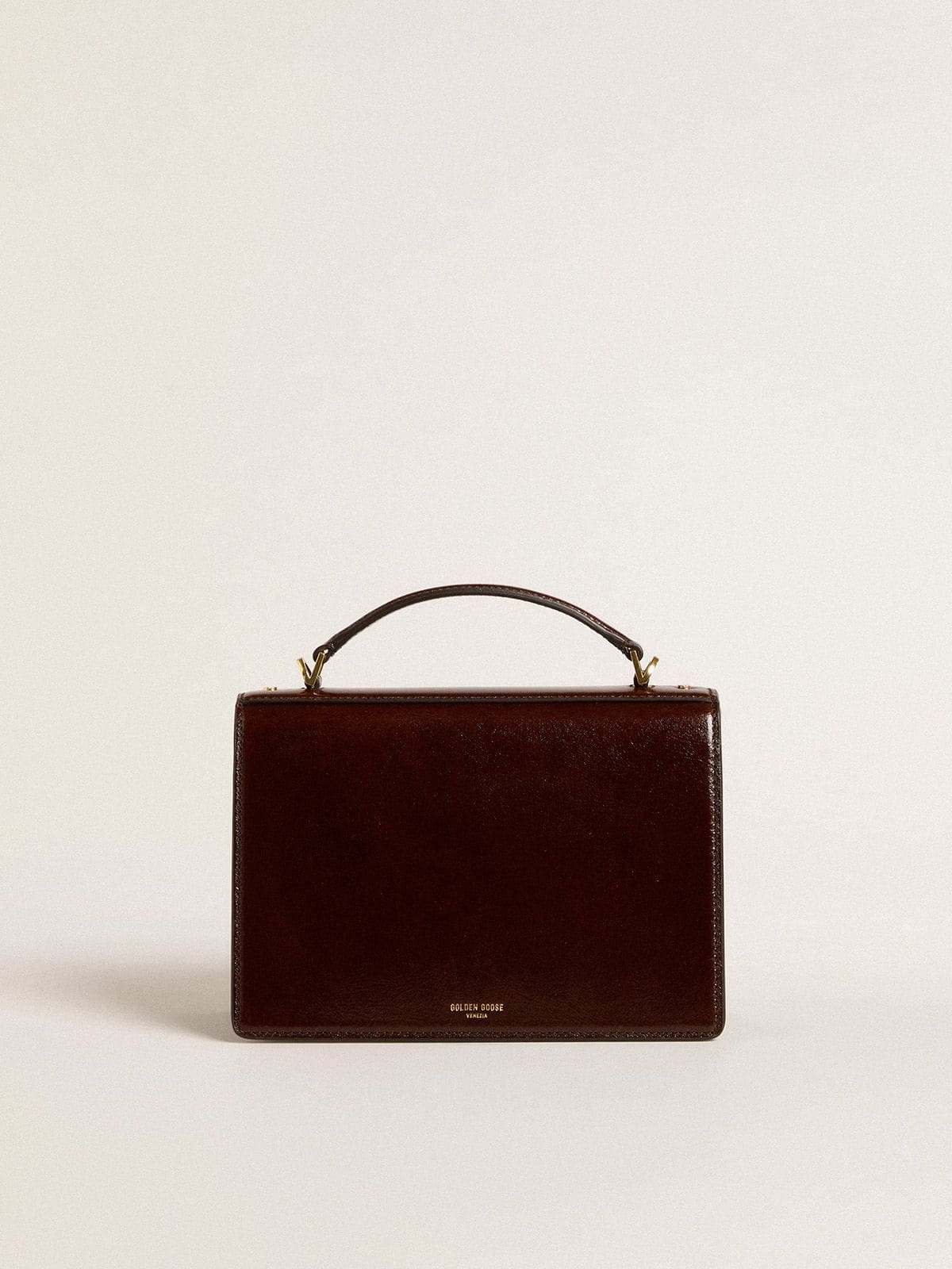Venezia Bag in dark brown laminated leather with gold details