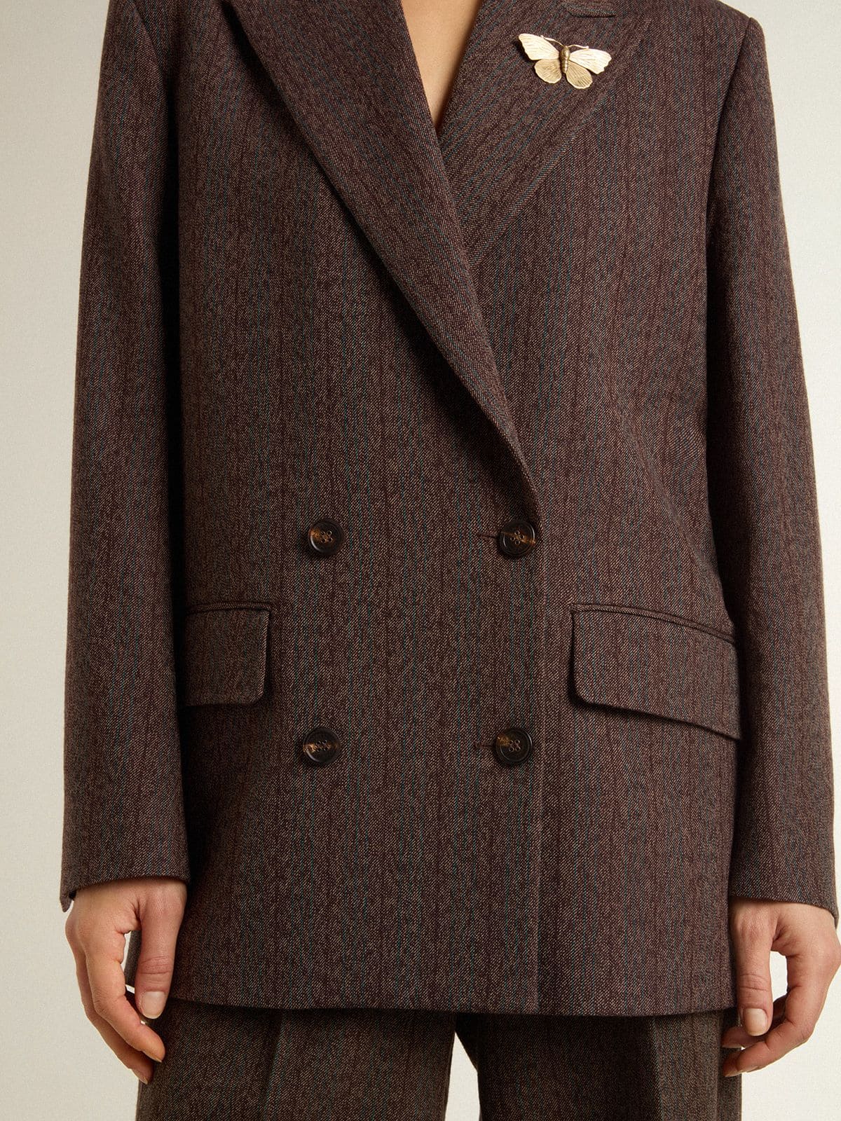 Women's double-breasted blazer in dark brown wool with thin stripe pattern