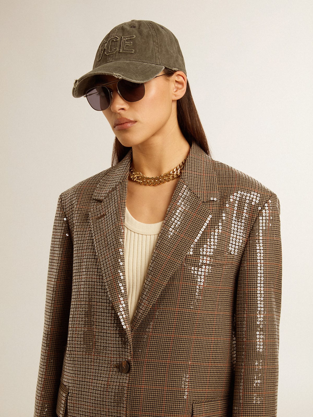 Women's houndstooth jacket with all-over sequin embroidery