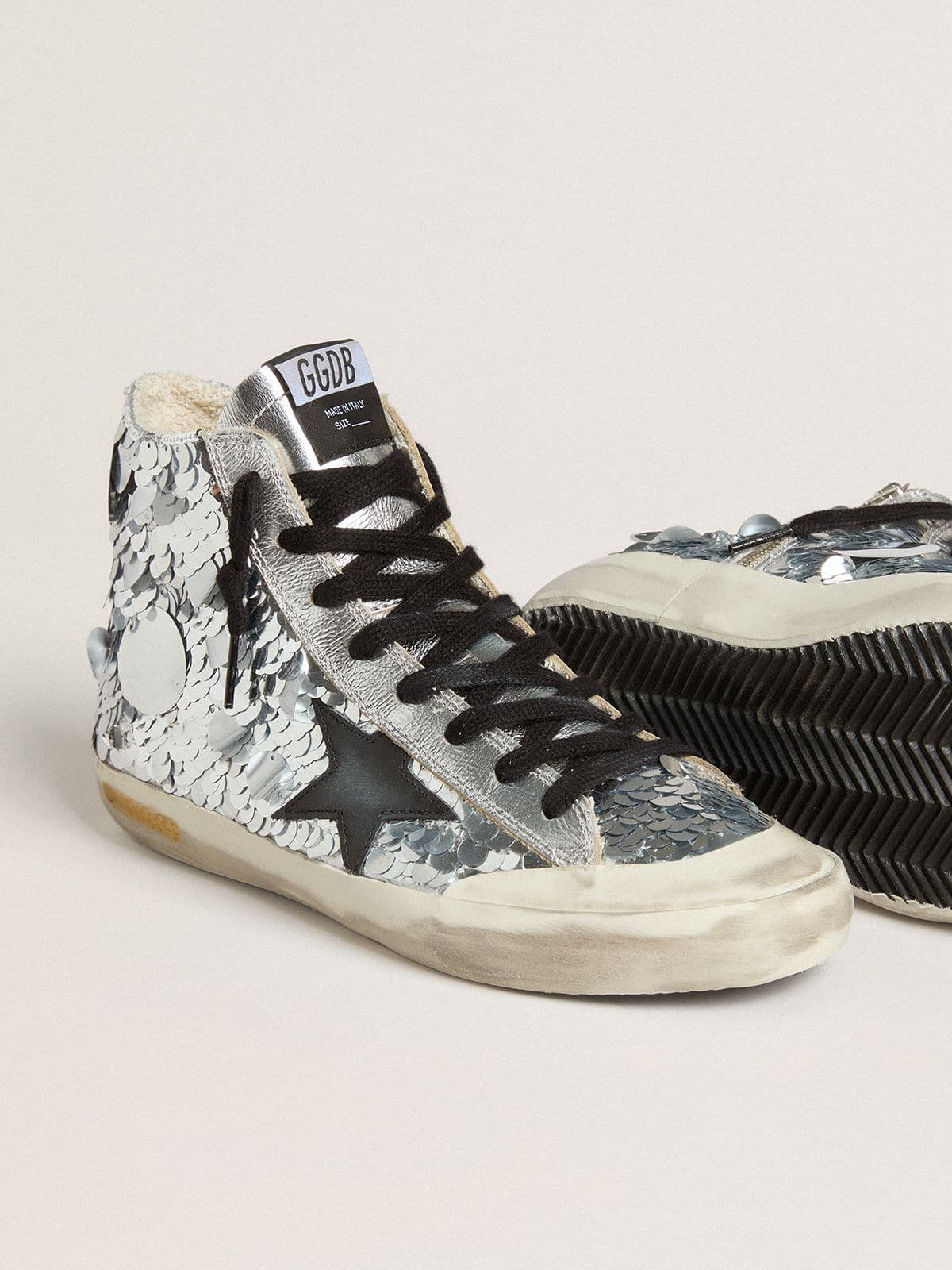 Women’s Francy in nylon with all-over silver sequins and black leather star