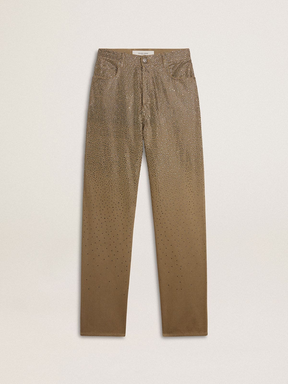 Women's khaki cotton pants with gradient Swarovski effect