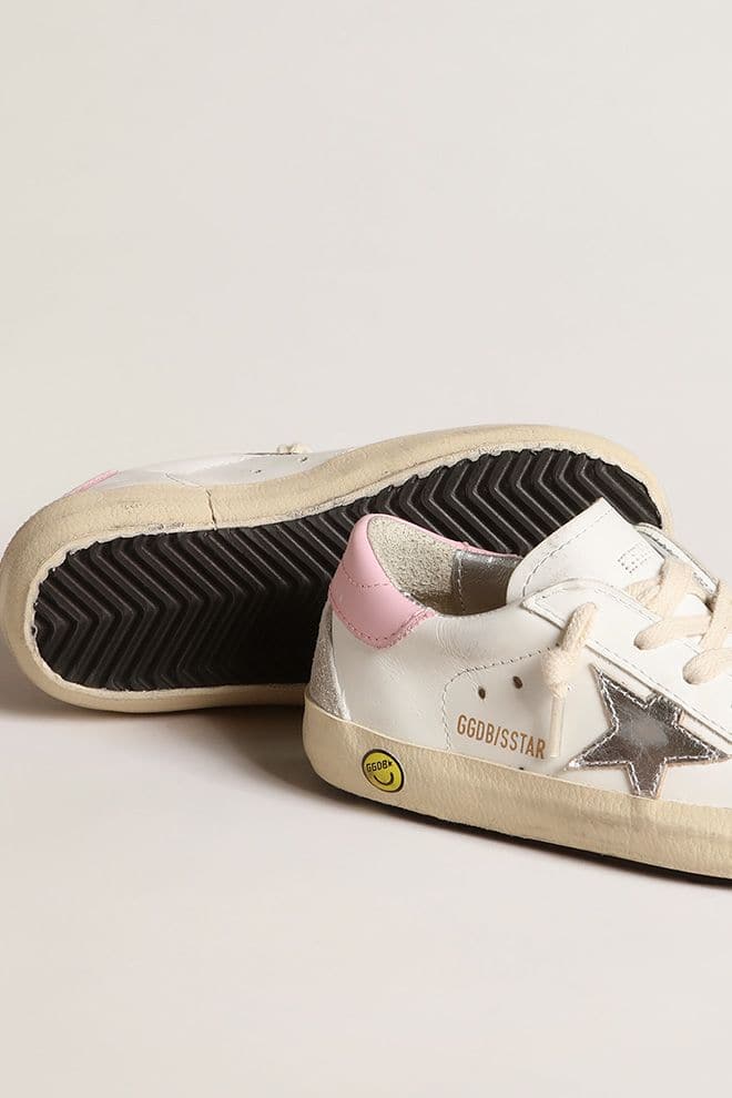 Junior Super-Star in white leather with silver metallic star and pink heel tab