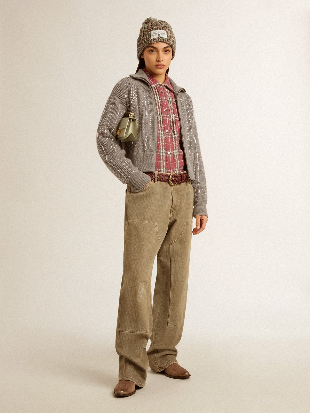 Women's cropped sweater in gray melange wool with sequins