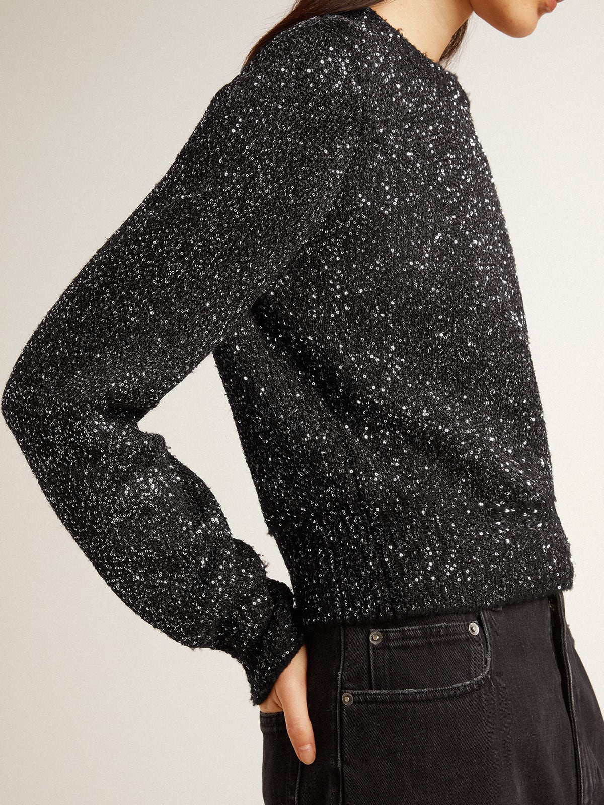 Women's black wool blend cropped sweater with all-over sequins