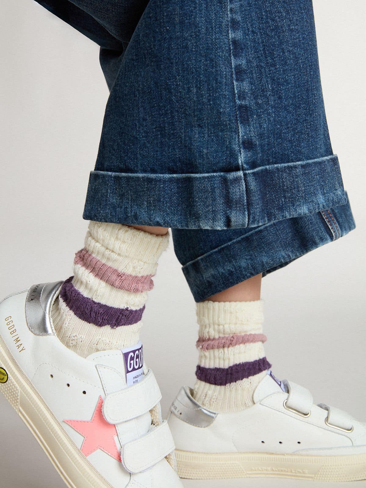 Kids’ white socks with pink and purple stripes