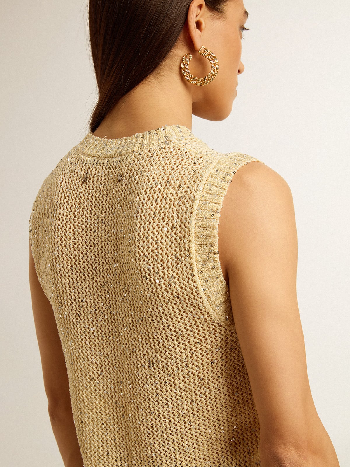 Mesh knit top with sequins and contrasting details