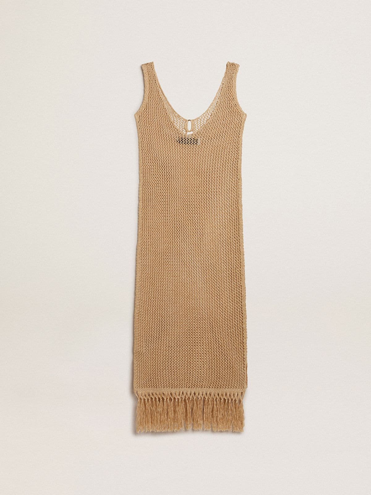 Women's sleeveless midi dress in beige crochet with fringes