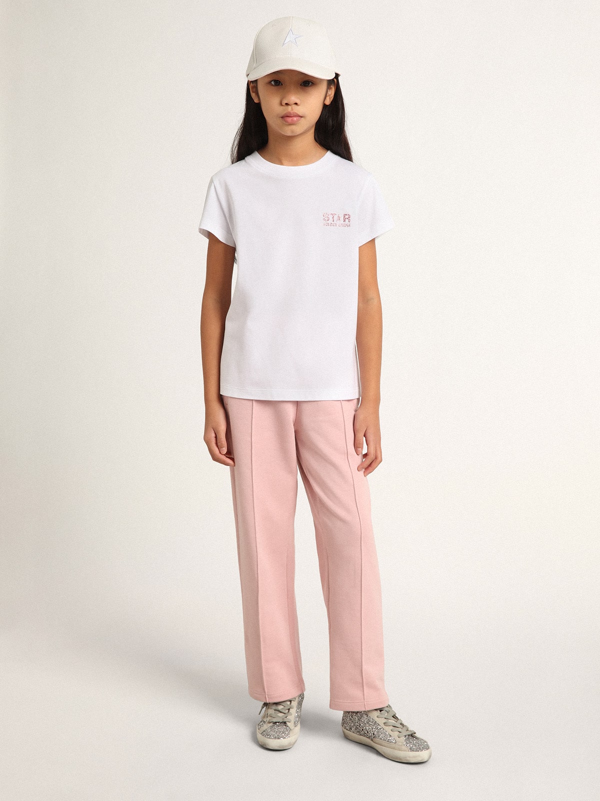 Girls’ white T-shirt with pink glitter logo and maxi star