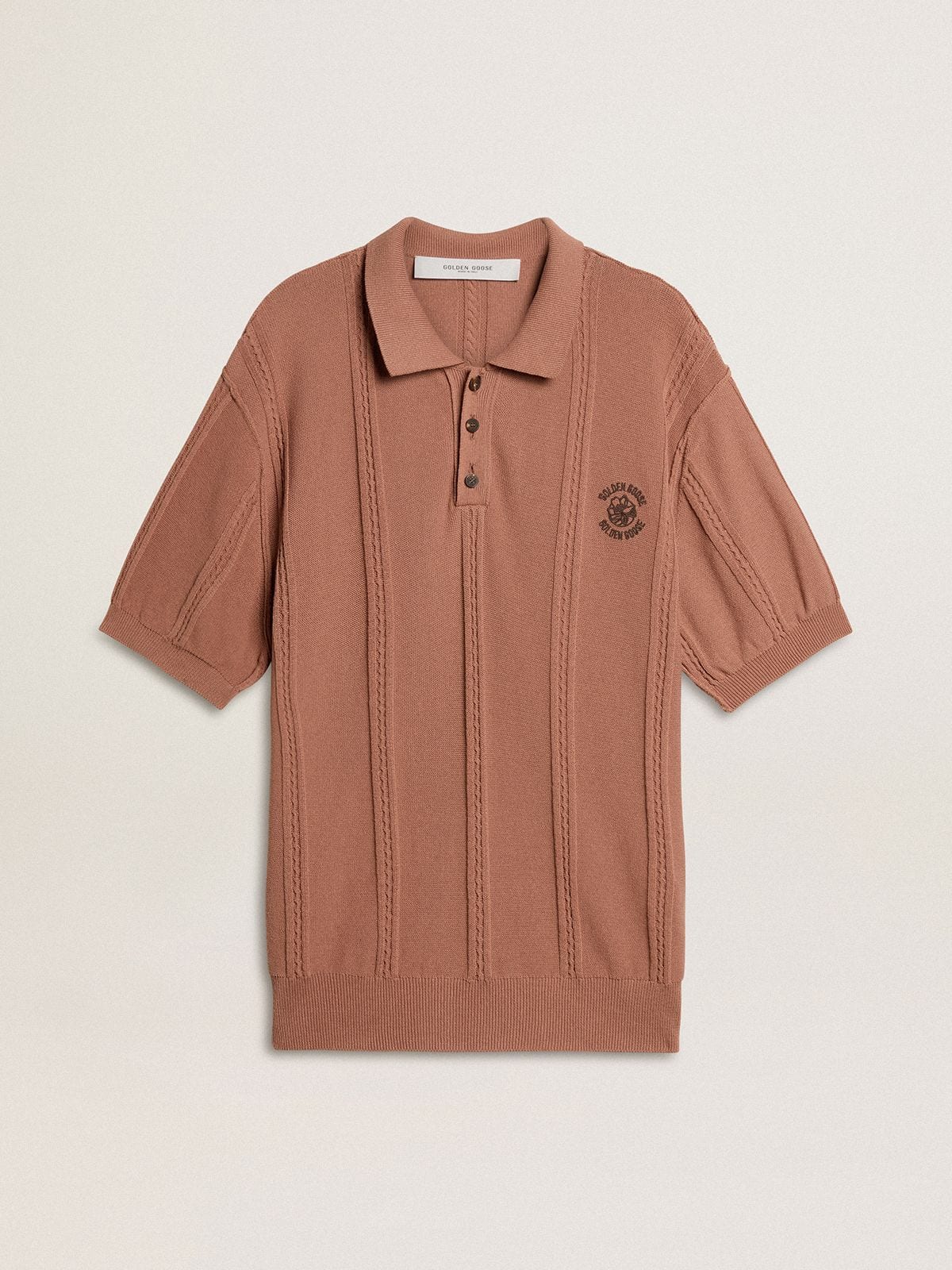 Men's brick-colored polo with embroidered logo.