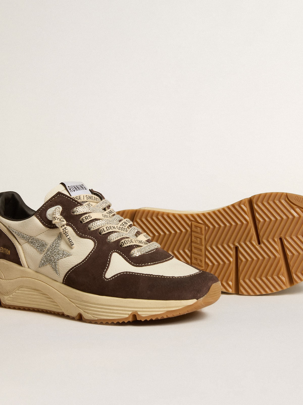 Women's Running Sole LTD in nappa and brown suede with a Swarovski crystal star