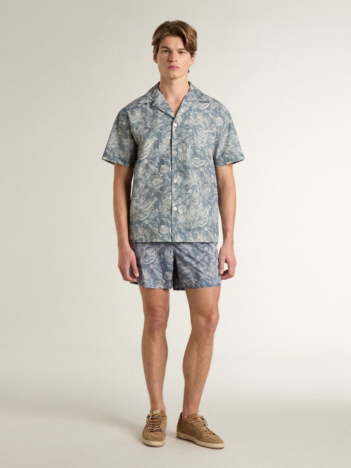 Men's boxers with light blue and white marine print