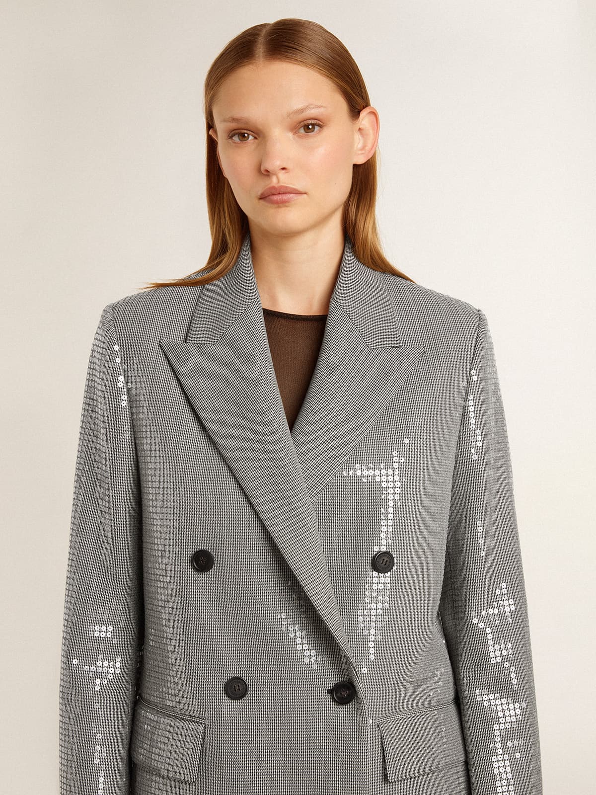 Double-breasted wool boyfriend jacket in micro houndstooth and sequins