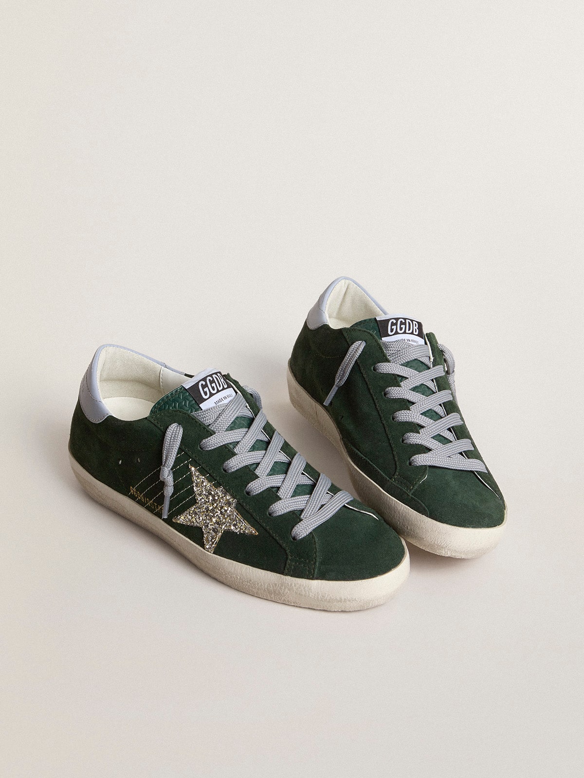 Women's Super-Star in green suede, silver glitter star and leather heel tab