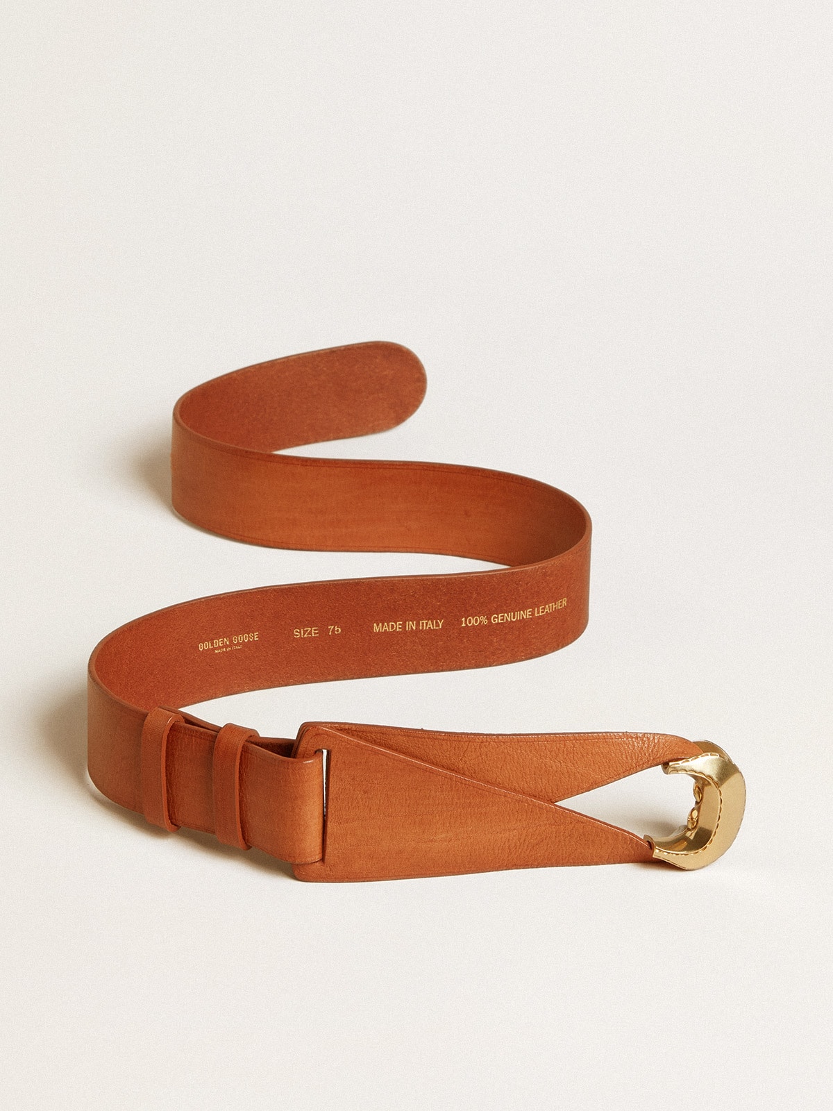 Brown leather belt with semi-circular gold buckle