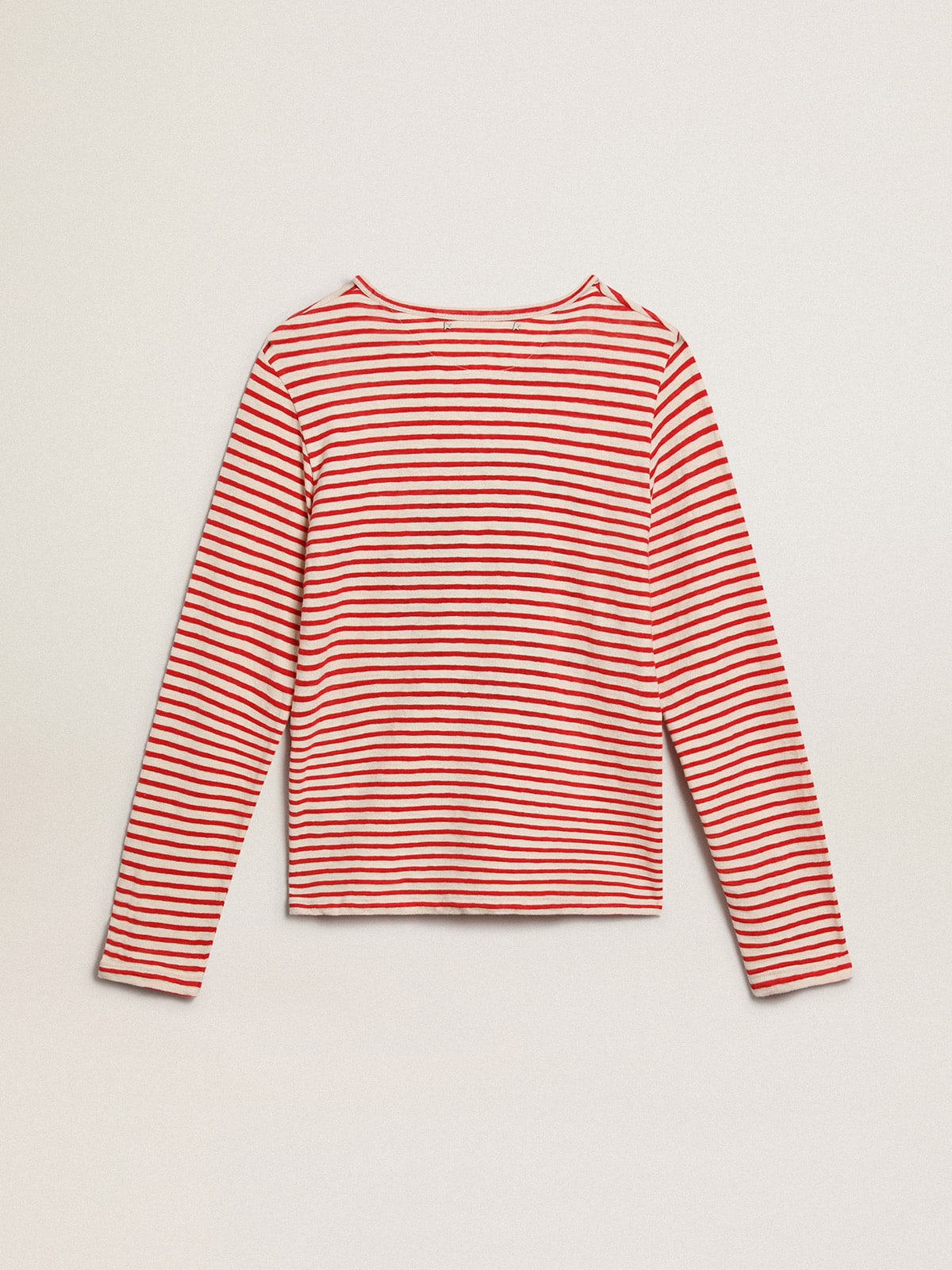 Women's T-shirt with white and red stripes and embroidery on the front