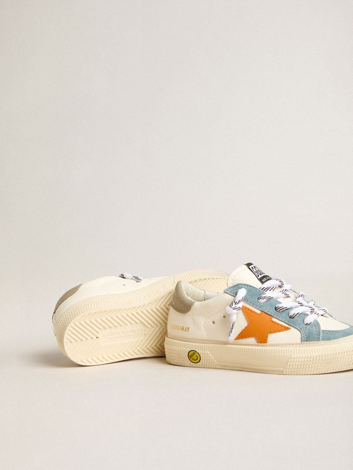 May Teen in nappa with orange leather star and blue suede inserts
