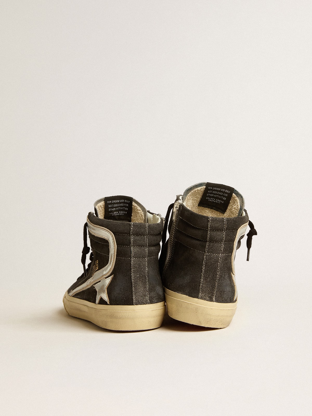 Slide in black suede with silver metallic leather star and flash