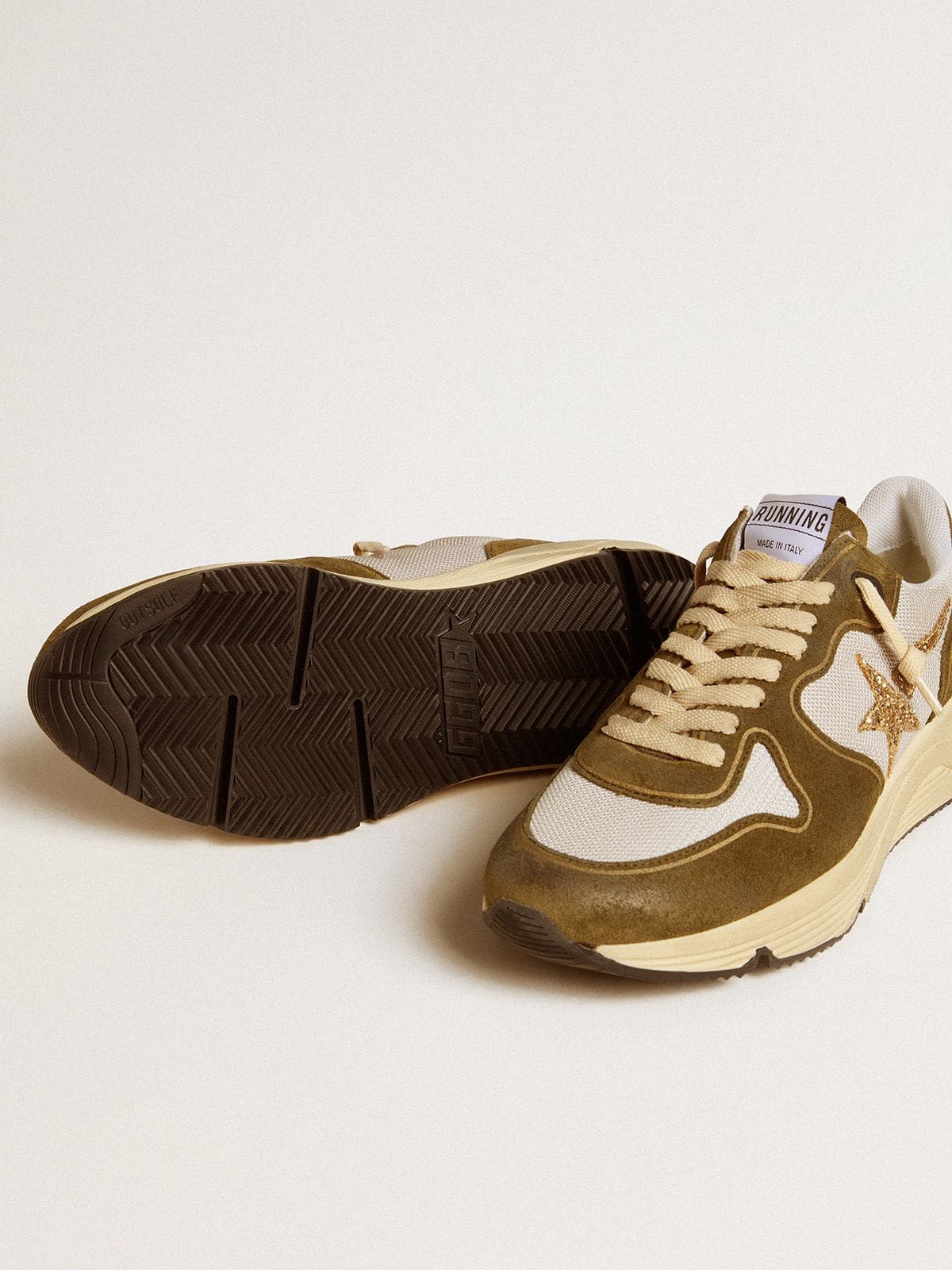 Women’s Running Sole in brown suede and mesh with gold glitter star