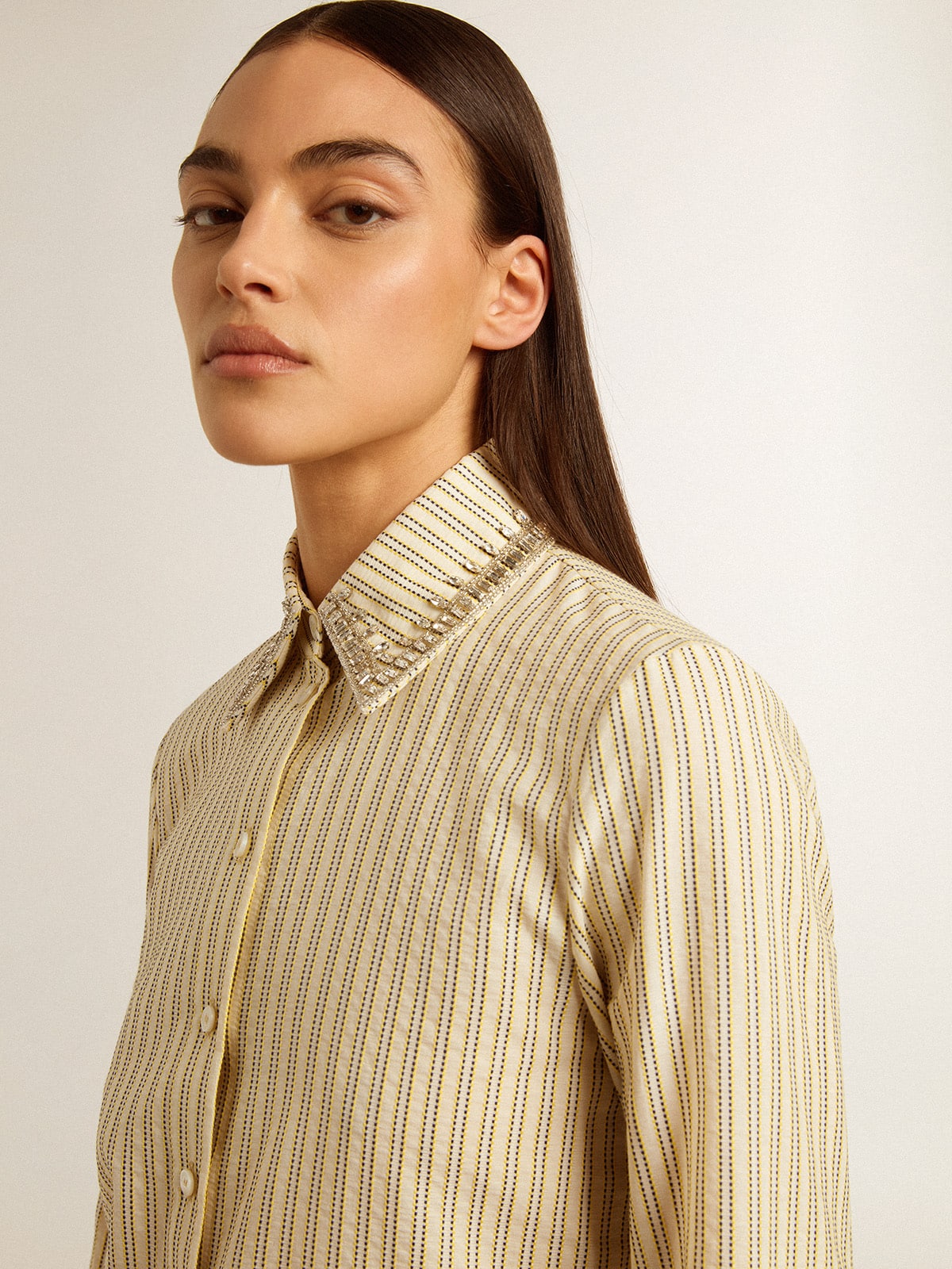 Ecru shirt with stripes and embroidered crystals