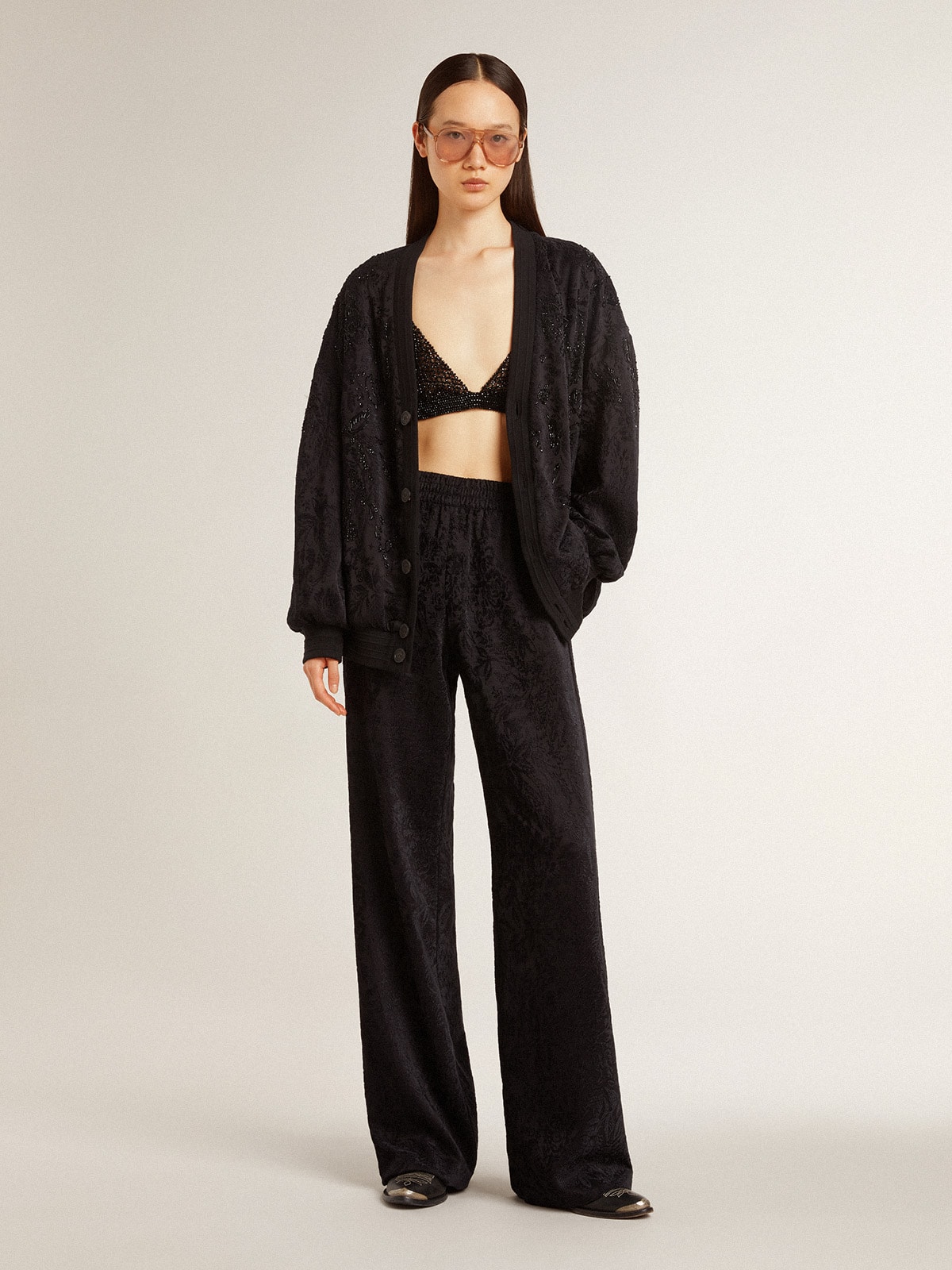 Women's black cardigan with tone-on-tone toile de jouy bead embroidery