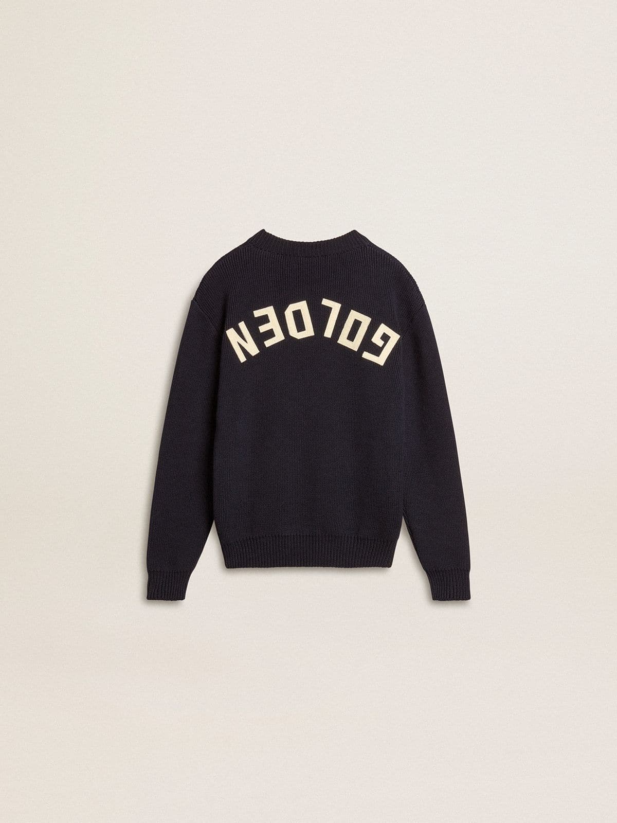 Boys’ blue crew-neck sweater with 'Golden' lettering on the back