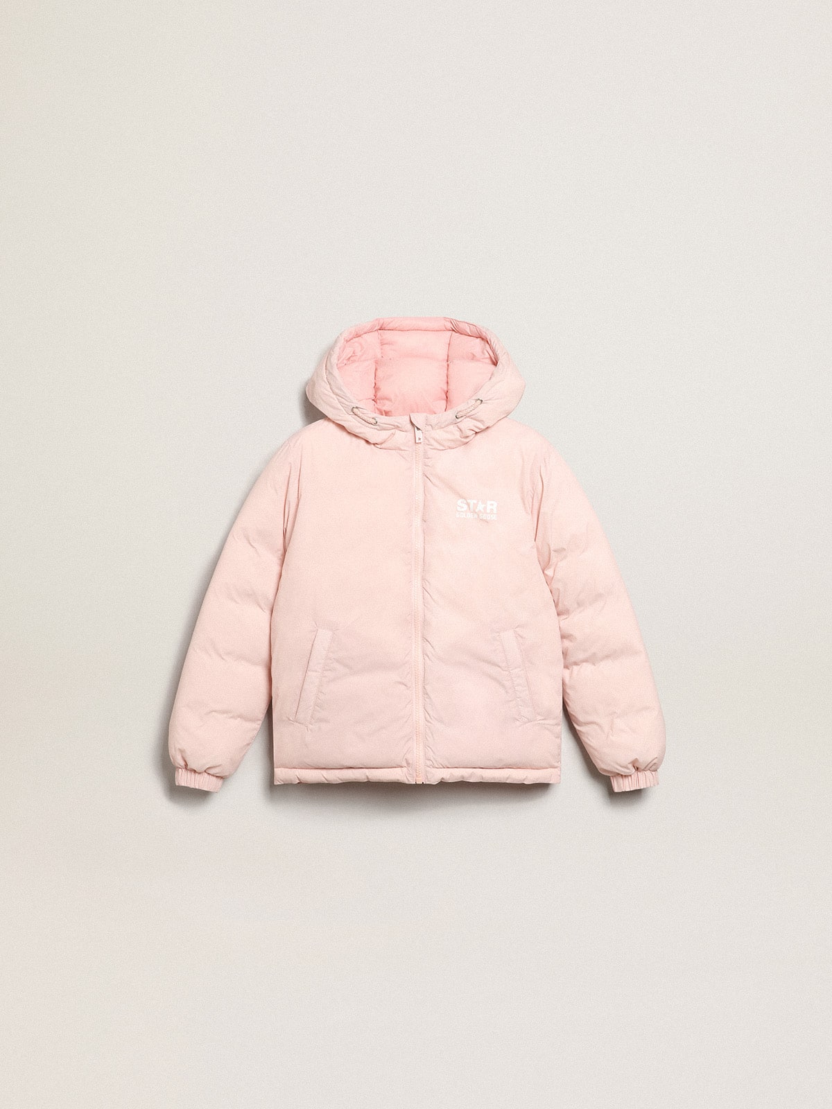Pink padded jacket with hood and white maxi star on the back