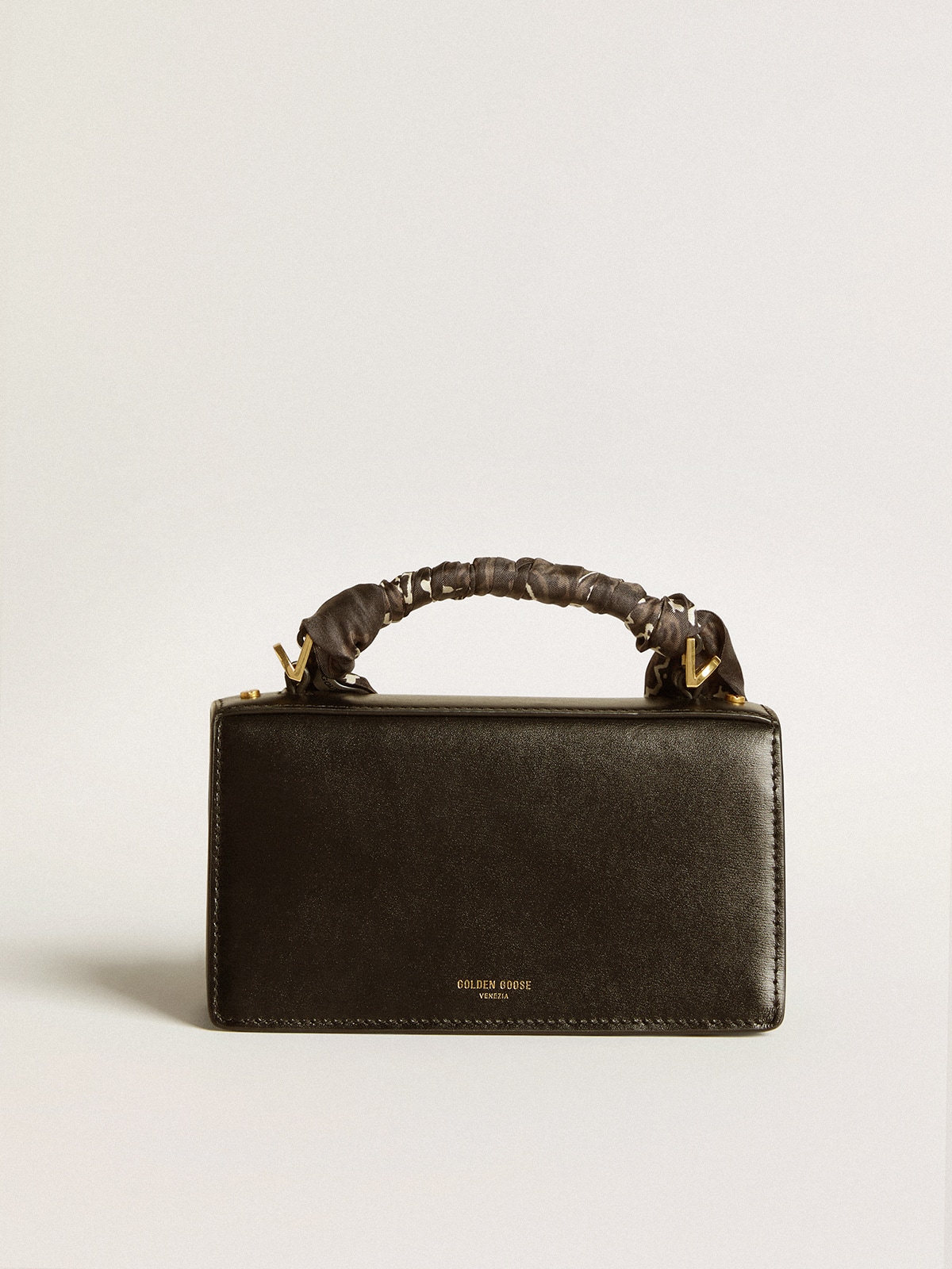 Small Venezia Bag in black boarded leather with silk scarf
