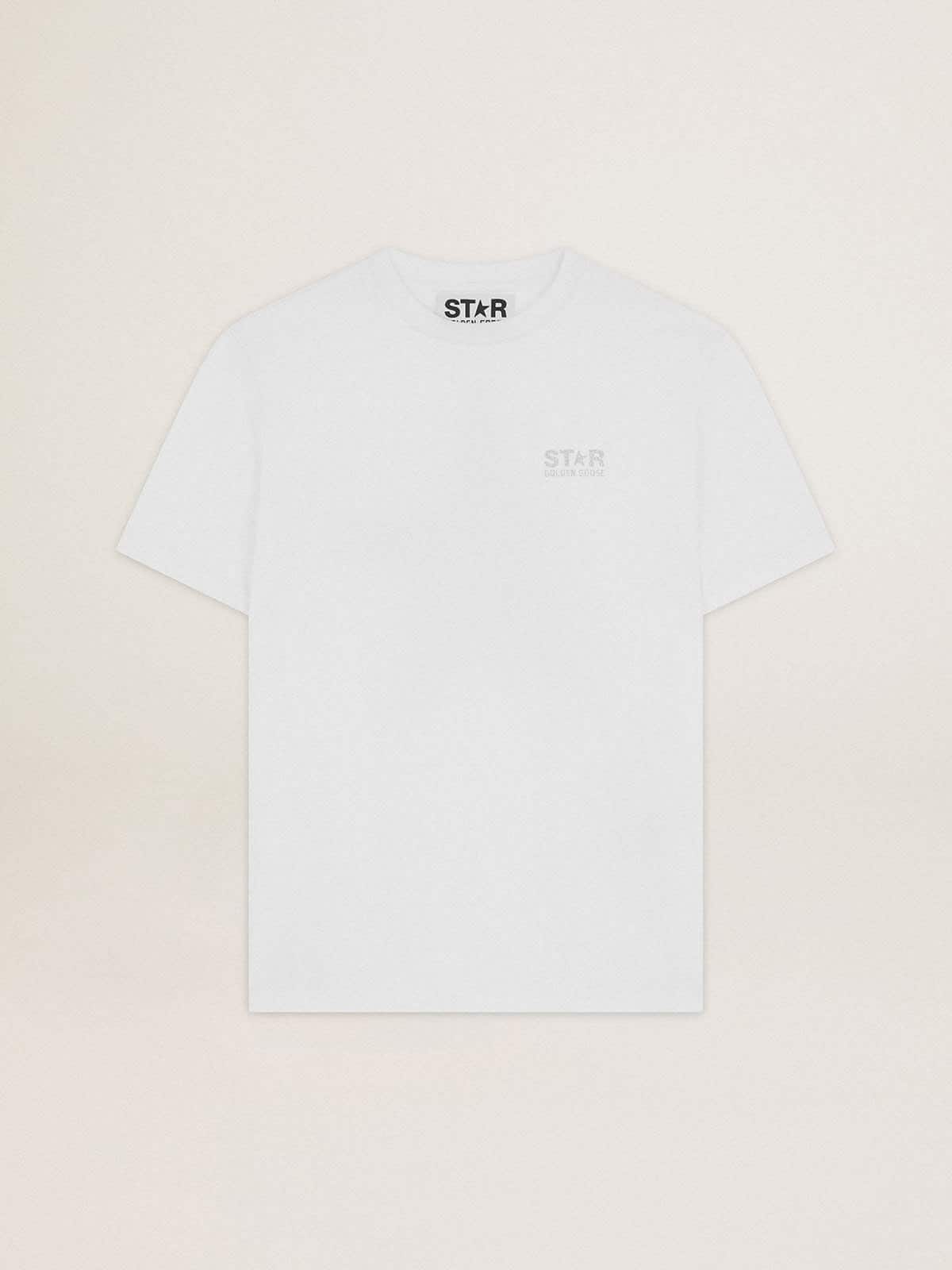 Women's white T-shirt with silver glitter logo and star