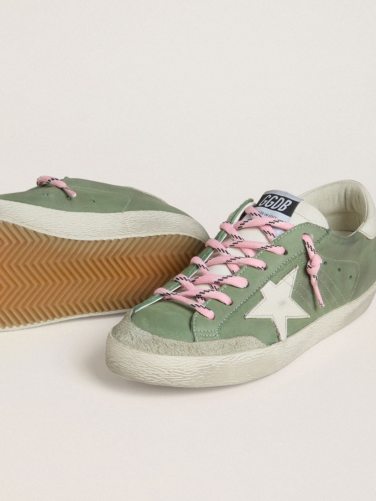 Women’s Super-Star LTD in green nubuck with white leather star and heel tab