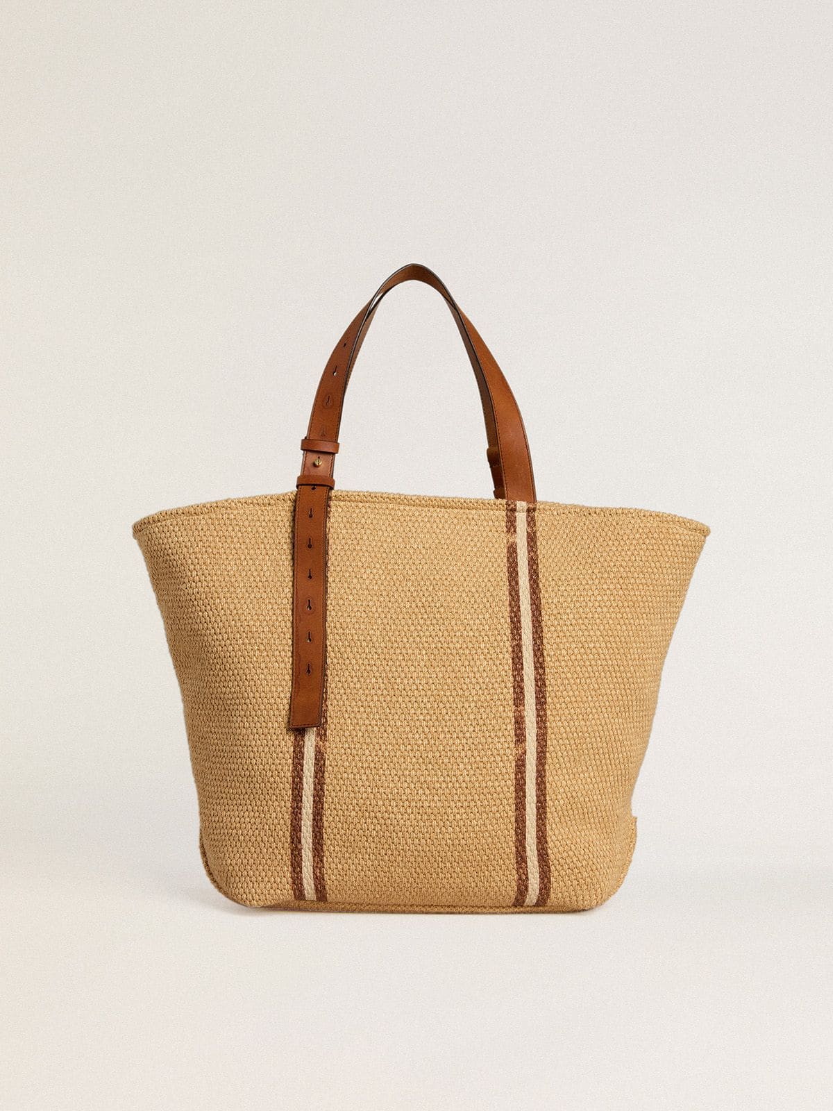 24.7 tote bag in natural raffia and brown leather with gold metallic details