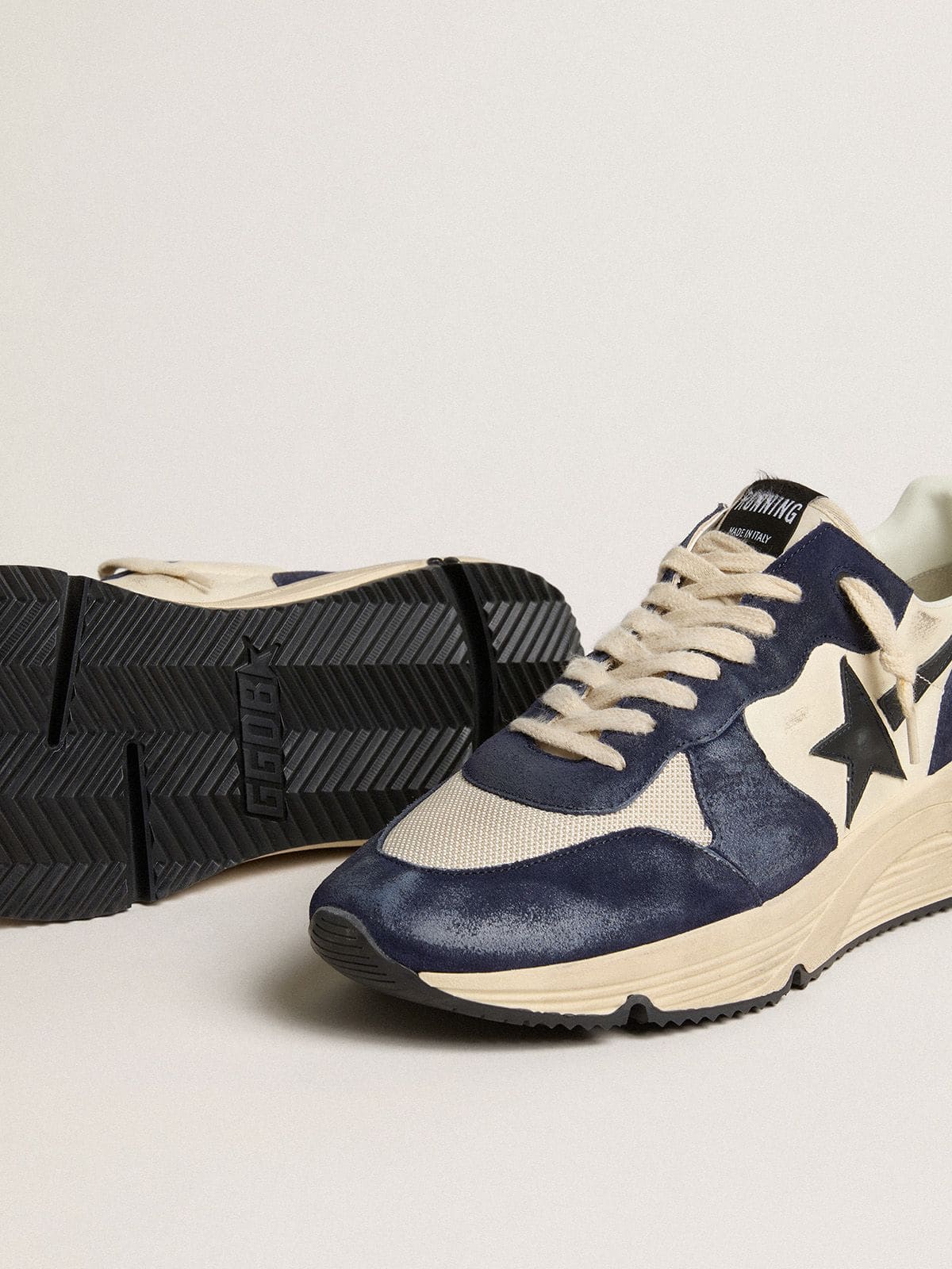 Men’s Running Sole in black and beige nappa leather with black star and heel tab