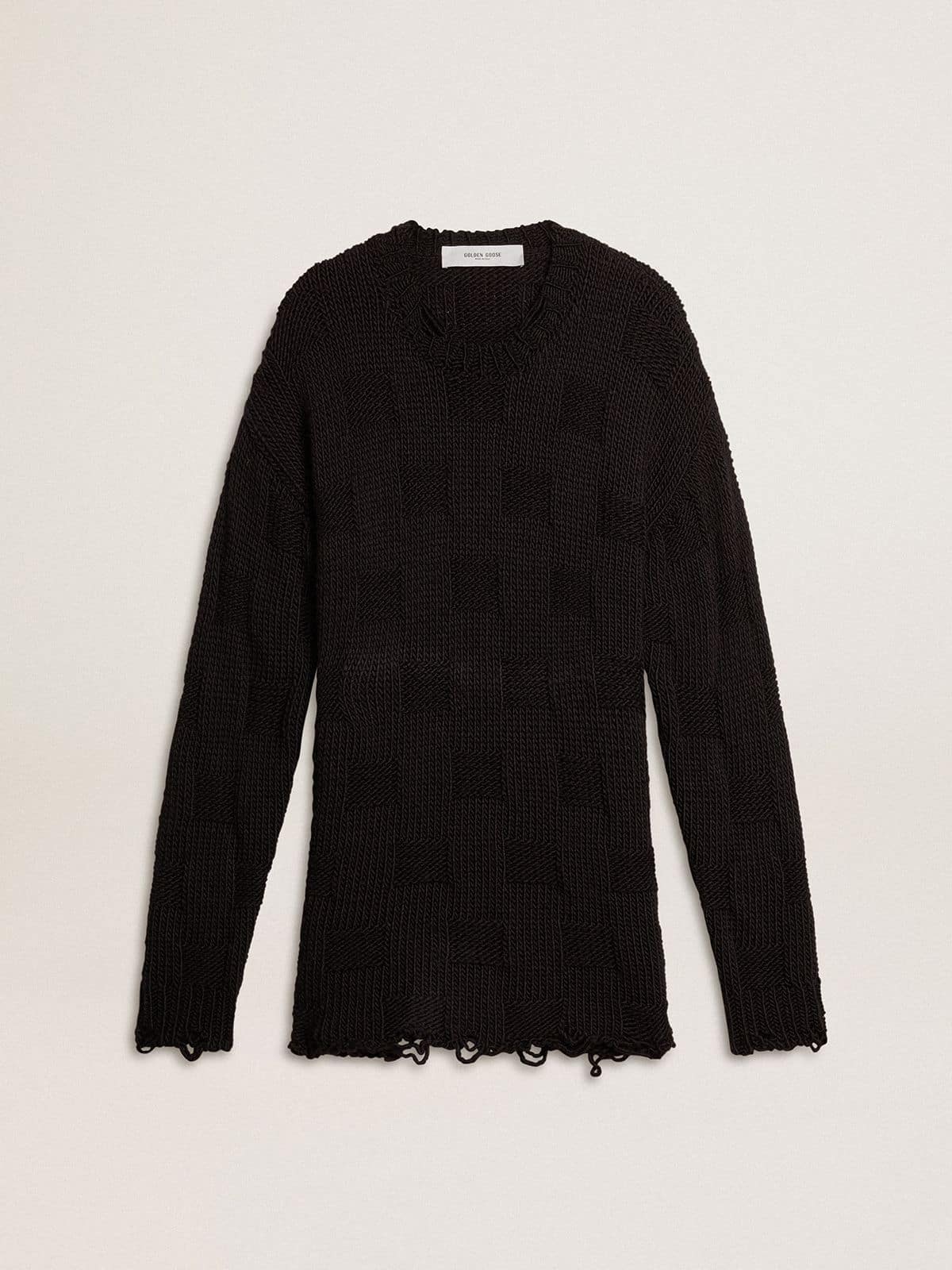 Men's black wool sweater with a distressed effect