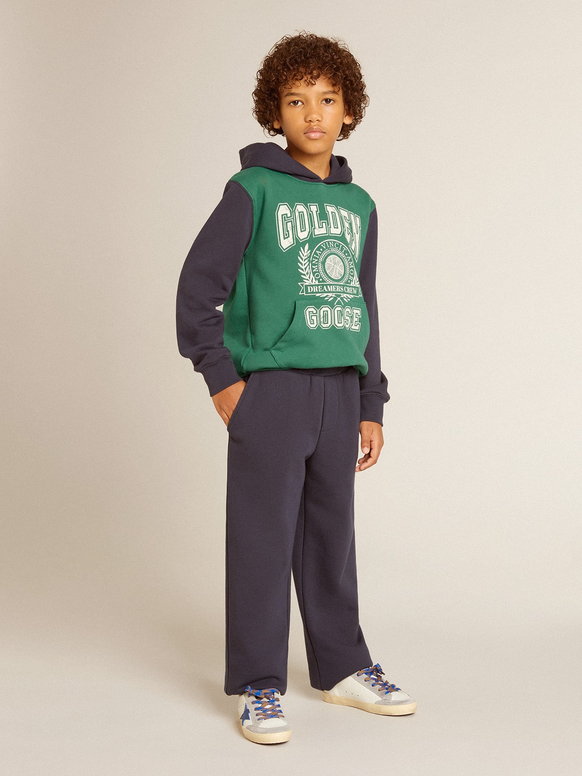 Boys' green and blue sweatshirt with hood and print