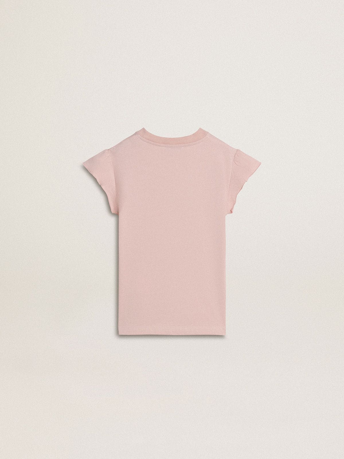 Girls' pink T-shirt with ruffled sleeves and embroidery