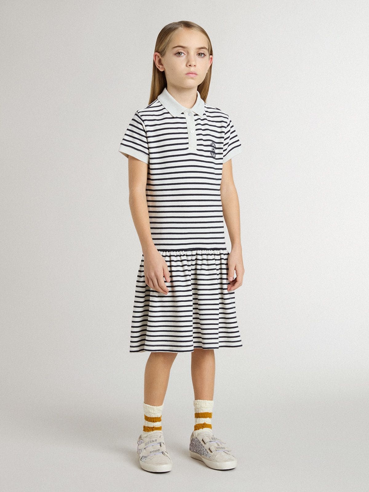Girls' midi dress in striped cotton blend with embroidery