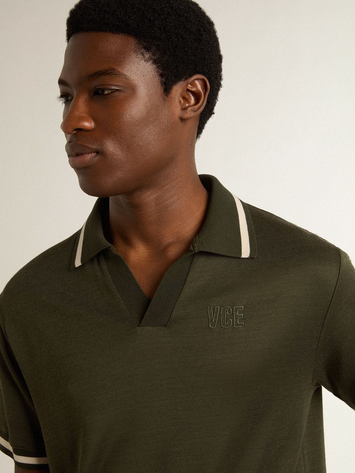 Men's military-green jersey polo with embroidery
